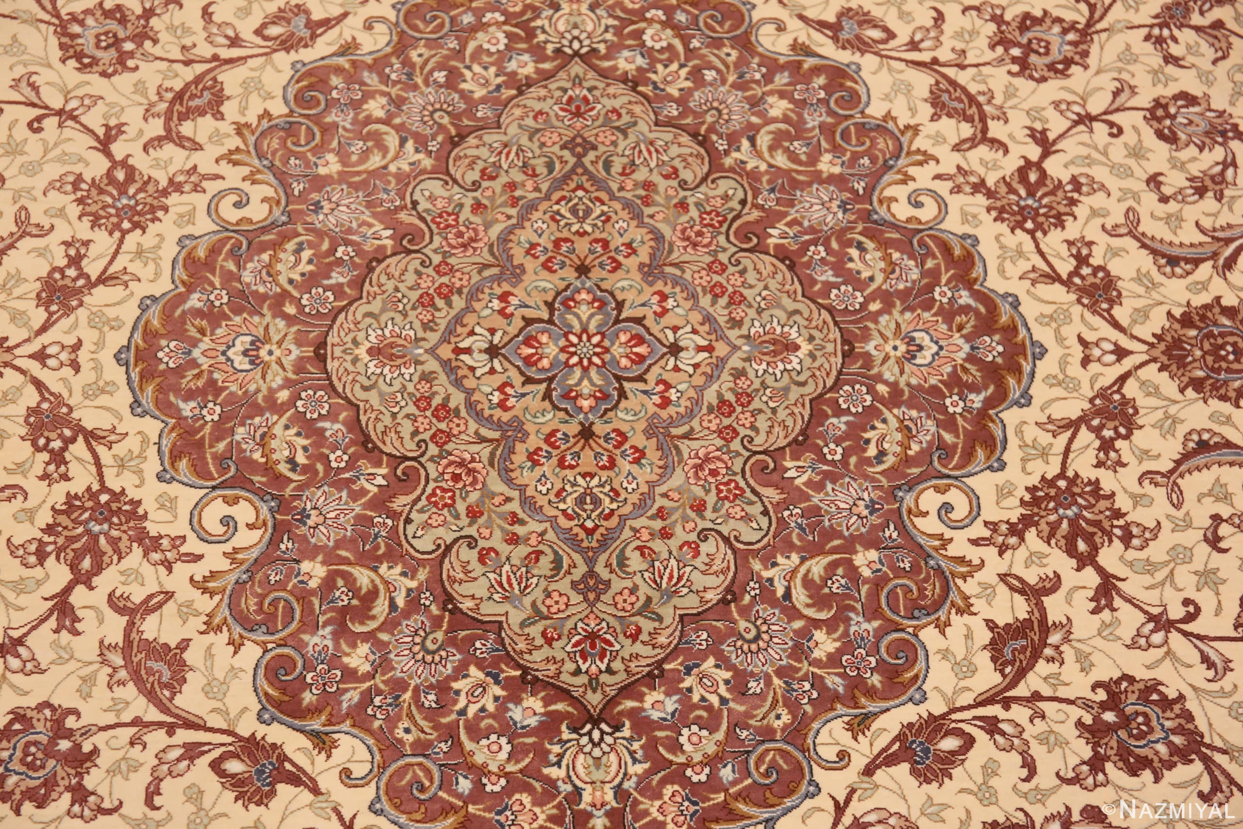 Close Up of Fine Floral Room Size Vintage Luxurious Silk Persian Qum Medallion Rug 72750 by Nazmiyal Antique Rugs
