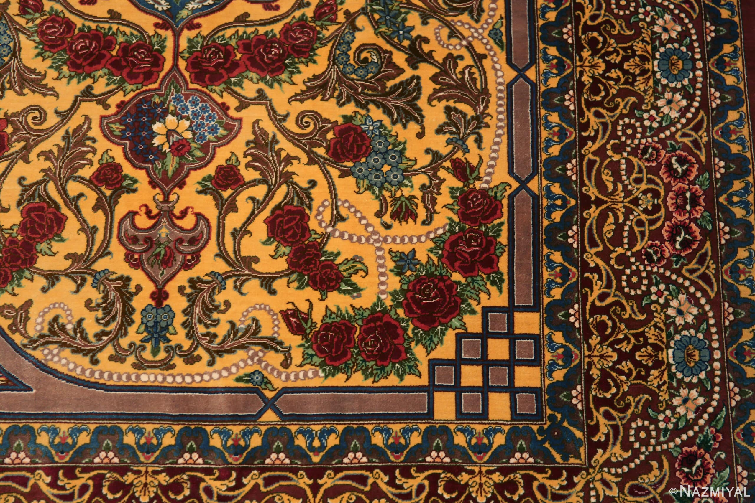 Close Up of Fine Small Artistic Gold Color Luxurious Vintage Persian Silk Qum Rug 72773 by Nazmiyal Antique Rugs