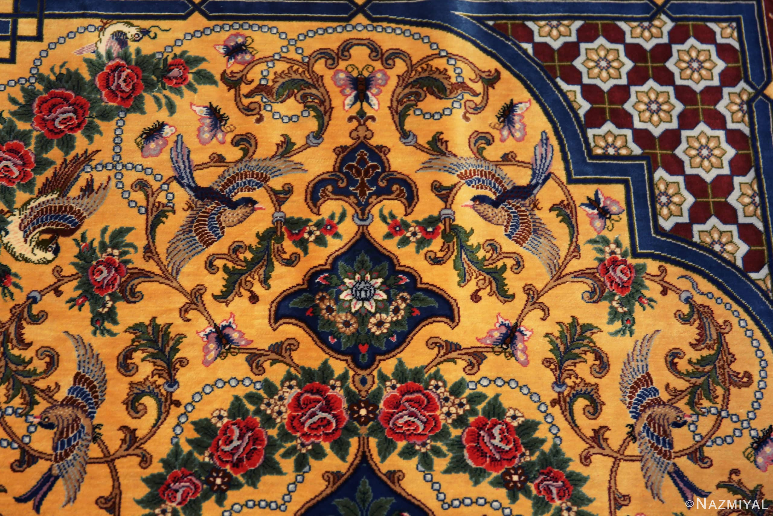 Close Up of Fine Small Luxurious Silk Pile Gold Color Vintage Persian Qum Rug 72772 by Nazmiyal Antique Rugs