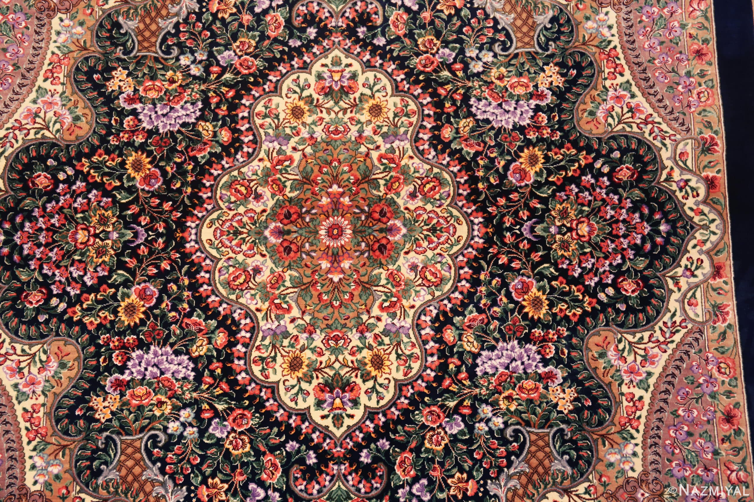 Close Up of Luxurious Fine Small Size Vintage Floral Persian Silk Qum Rug 72765 by Nazmiyal Antique Rugs