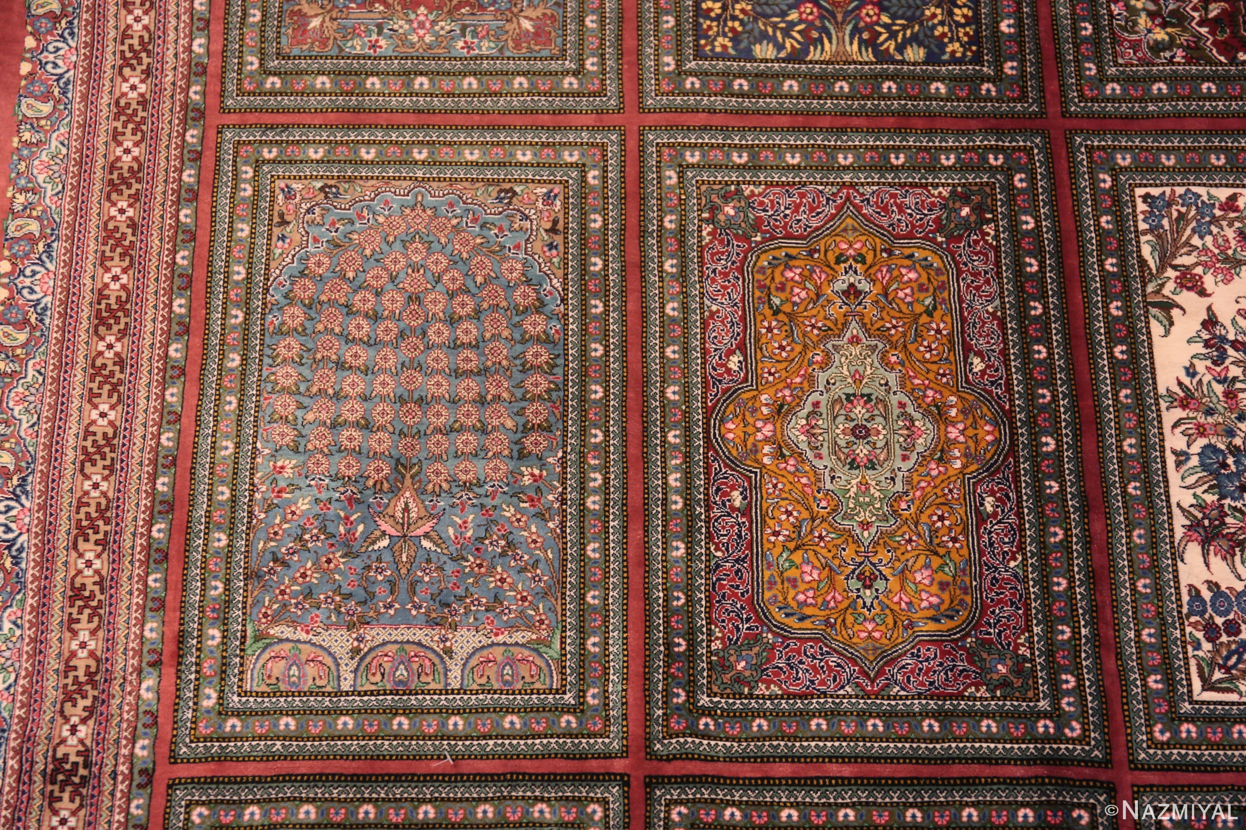 Close Up of Fine Floral Long Narrow Gallery Size Vintage Luxury Persian Silk Qum Rug 72744 by Nazmiyal Antique Rugs