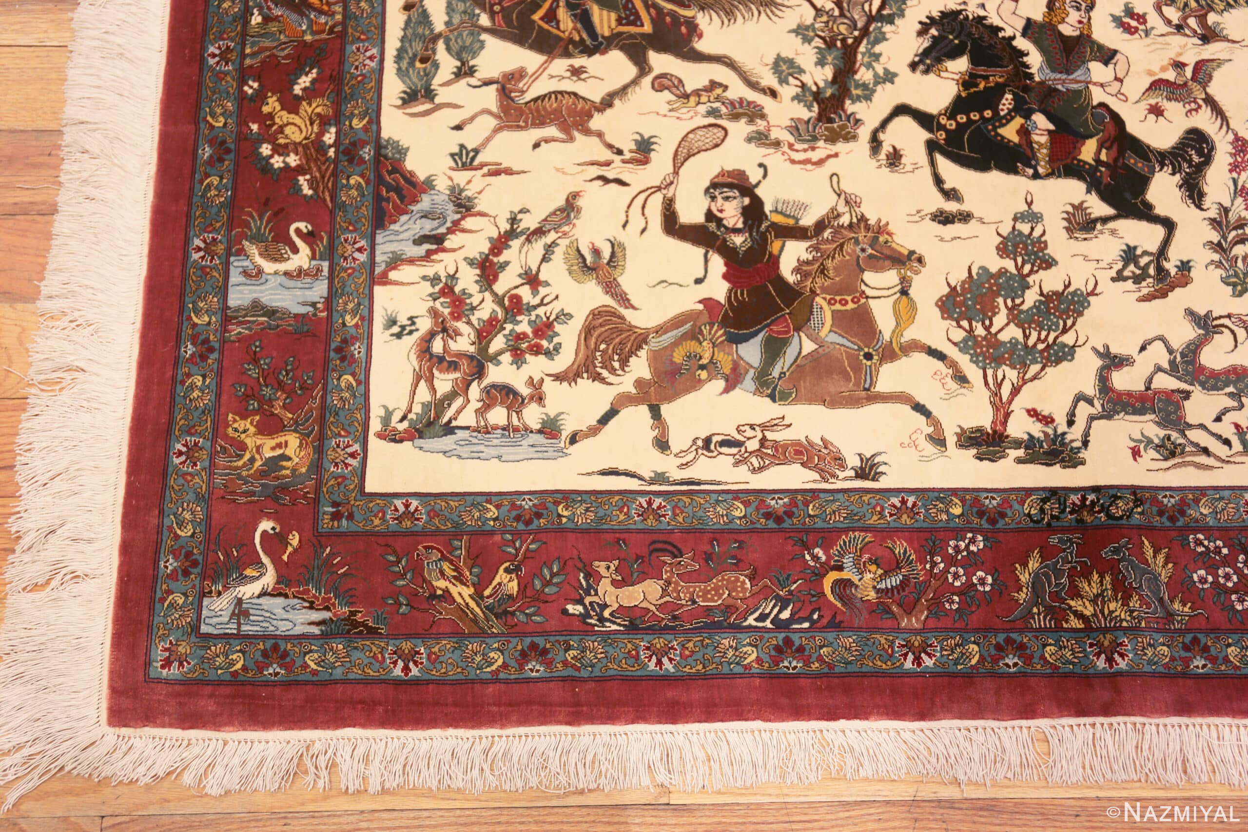 Corner of Artistic Hunting Scene Design Vintage Persian Silk Qum Small Luxury Rug 72770 by Nazmiyal Antique Rugs