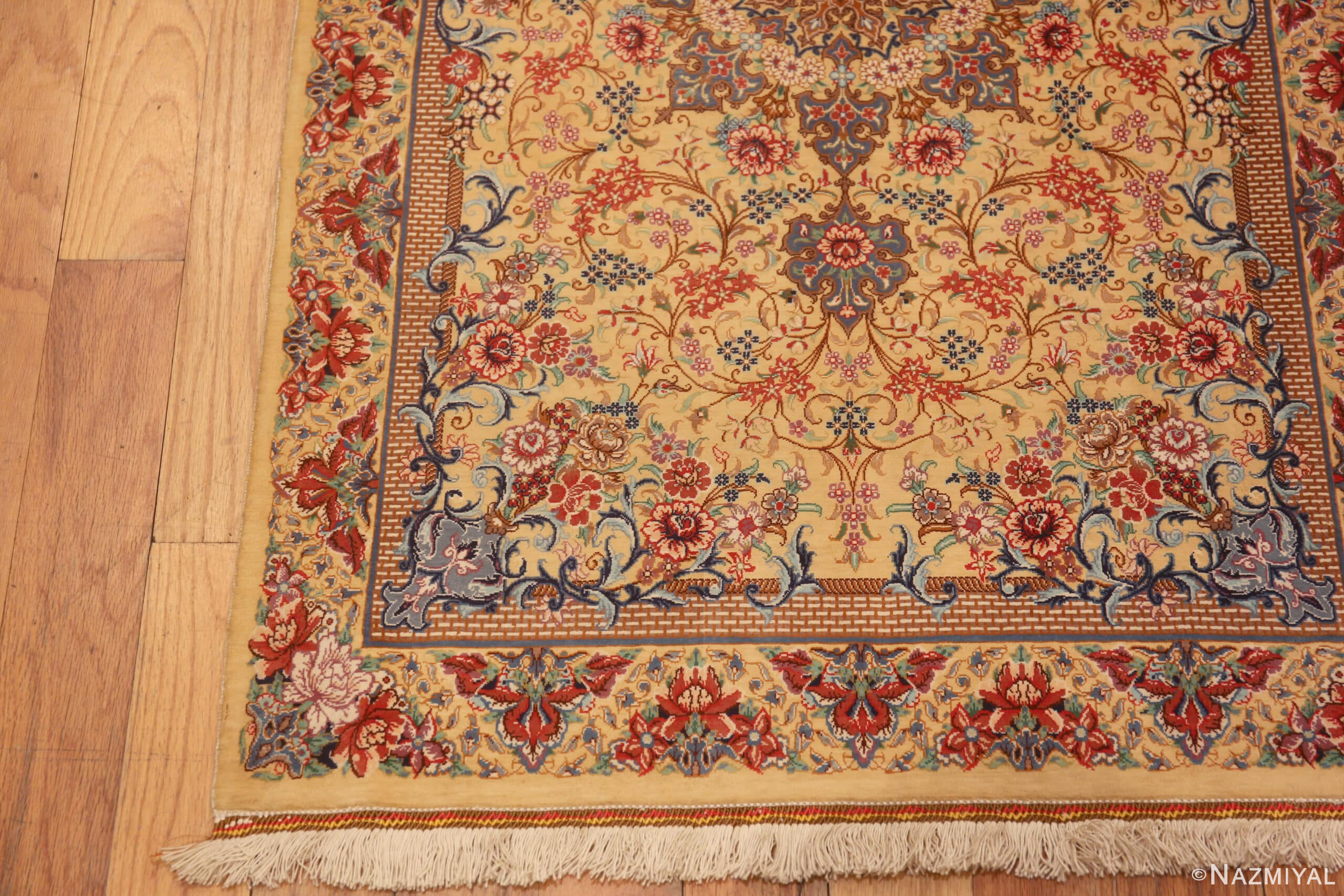 Corner of Fine Artistic Small Floral Vintage Luxurious Persian Silk Qum Rug 72783 by Nazmiyal Antique Rugs