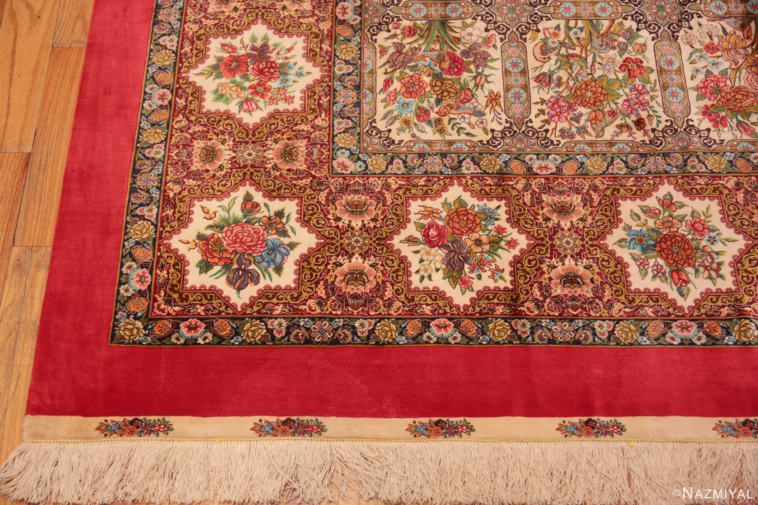 Corner of Fine Floral Garden Design Vintage Luxurious Silk Persian Qum Rug 72755 by Nazmiyal Antique Rugs