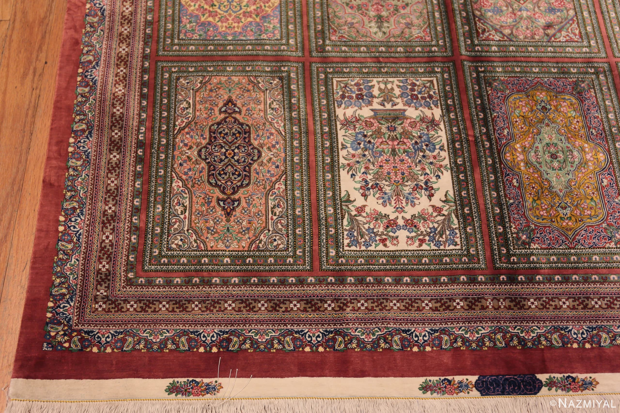 Corner of Fine Floral Long Narrow Gallery Size Vintage Luxury Persian Silk Qum Rug 72744 by Nazmiyal Antique Rugs