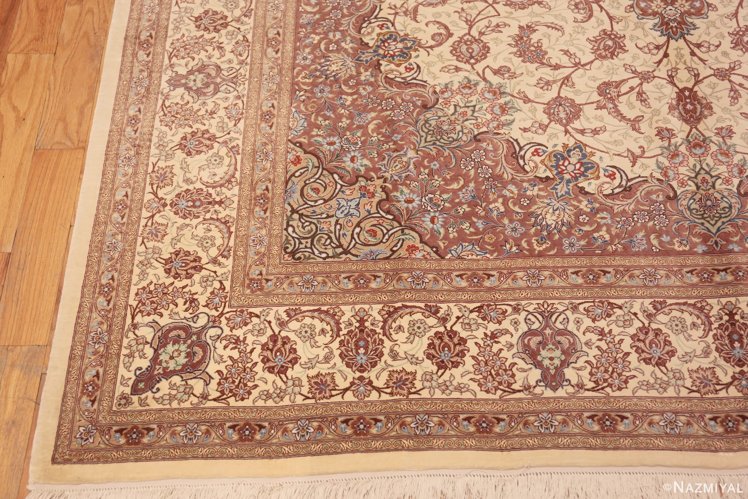 Corner of Fine Floral Room Size Vintage Luxurious Silk Persian Qum Medallion Rug 72750 by Nazmiyal Antique Rugs