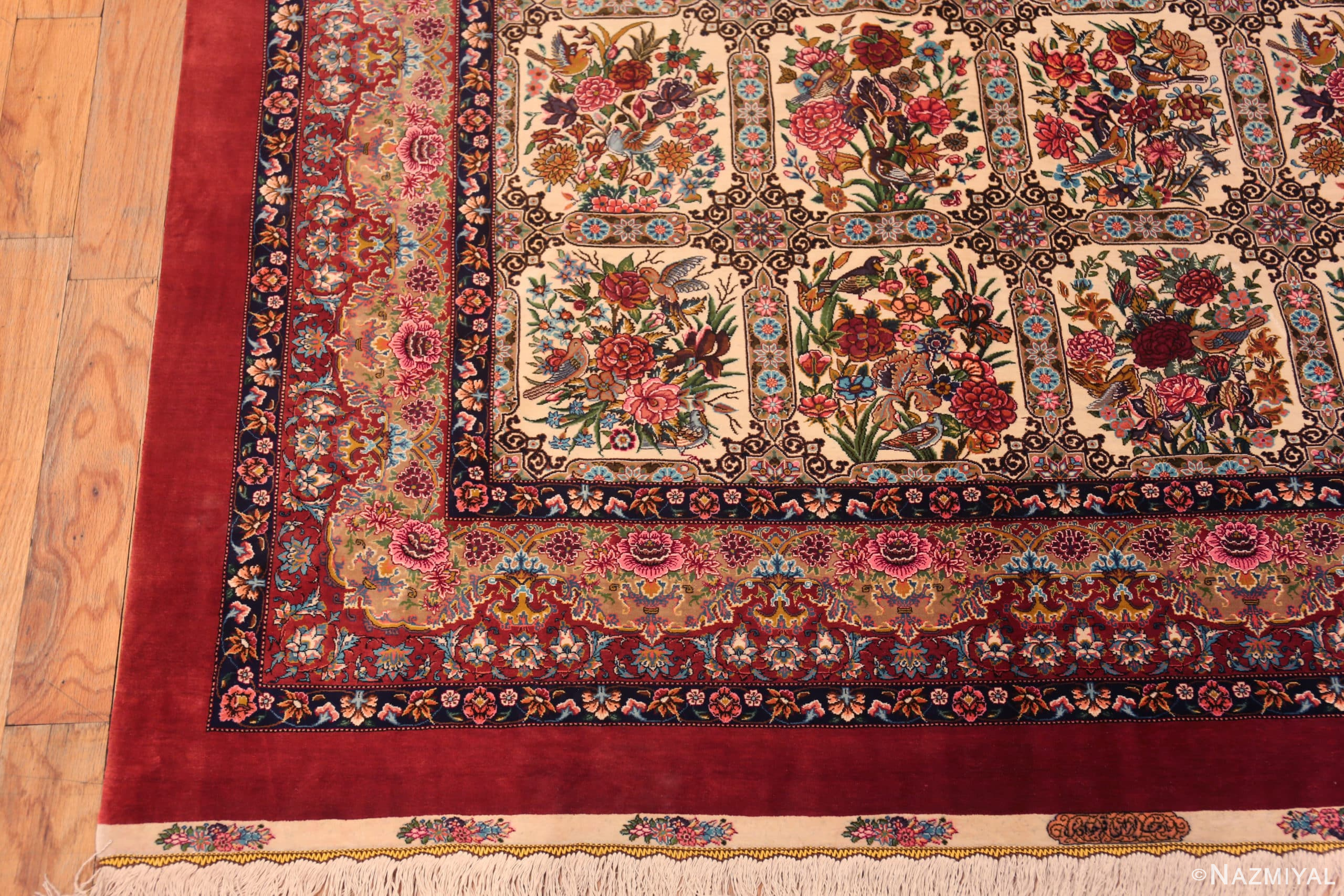 Corner of Fine Long Narrow Gallery Size Vintage Garden Design Silk Persian Qum Rug 72743 by Nazmiyal Antique Rugs
