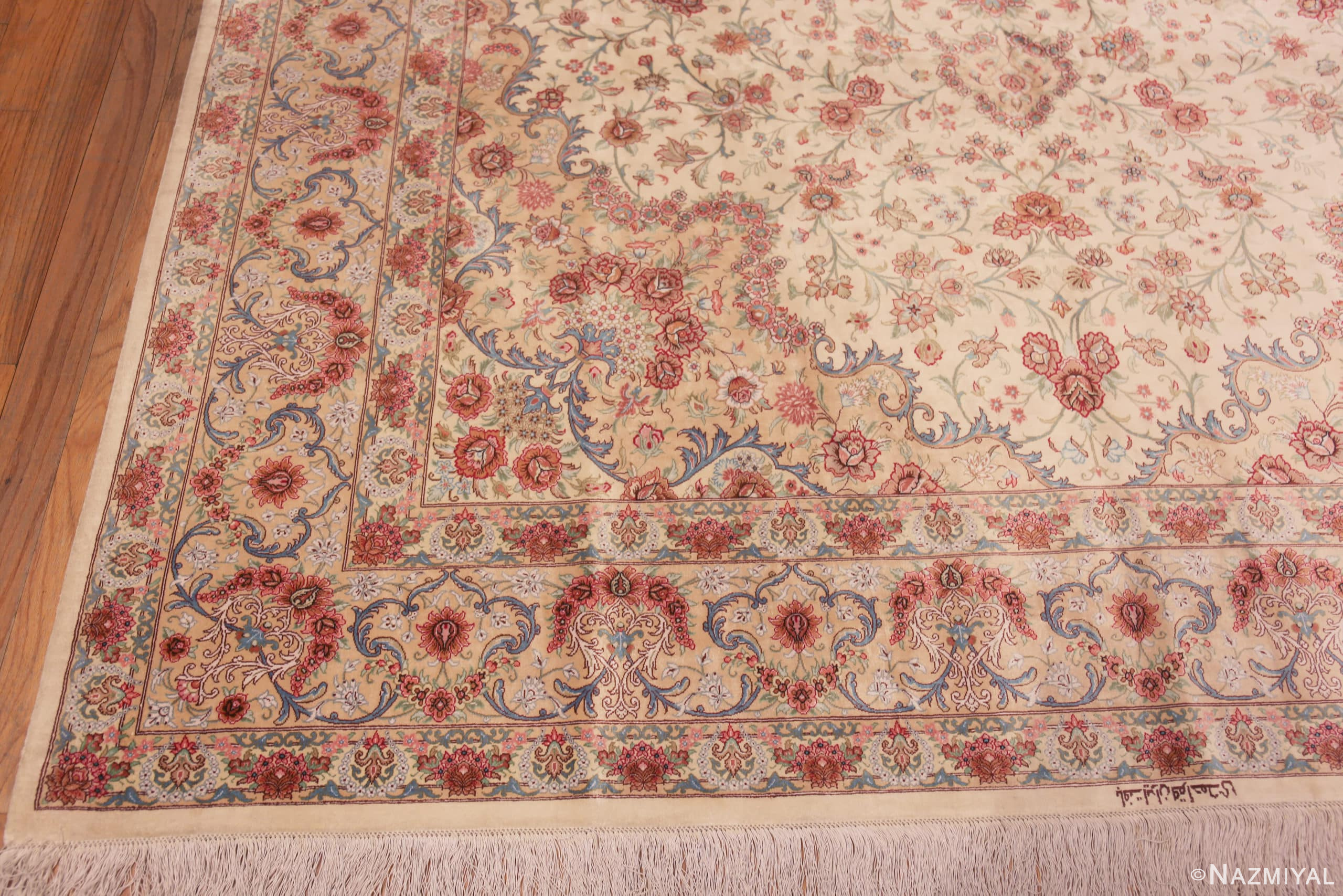 Corner of Fine Luxurious Floral Room Size Vintage Persian Silk Qum Rug 72745 by Nazmiyal Antique Rugs
