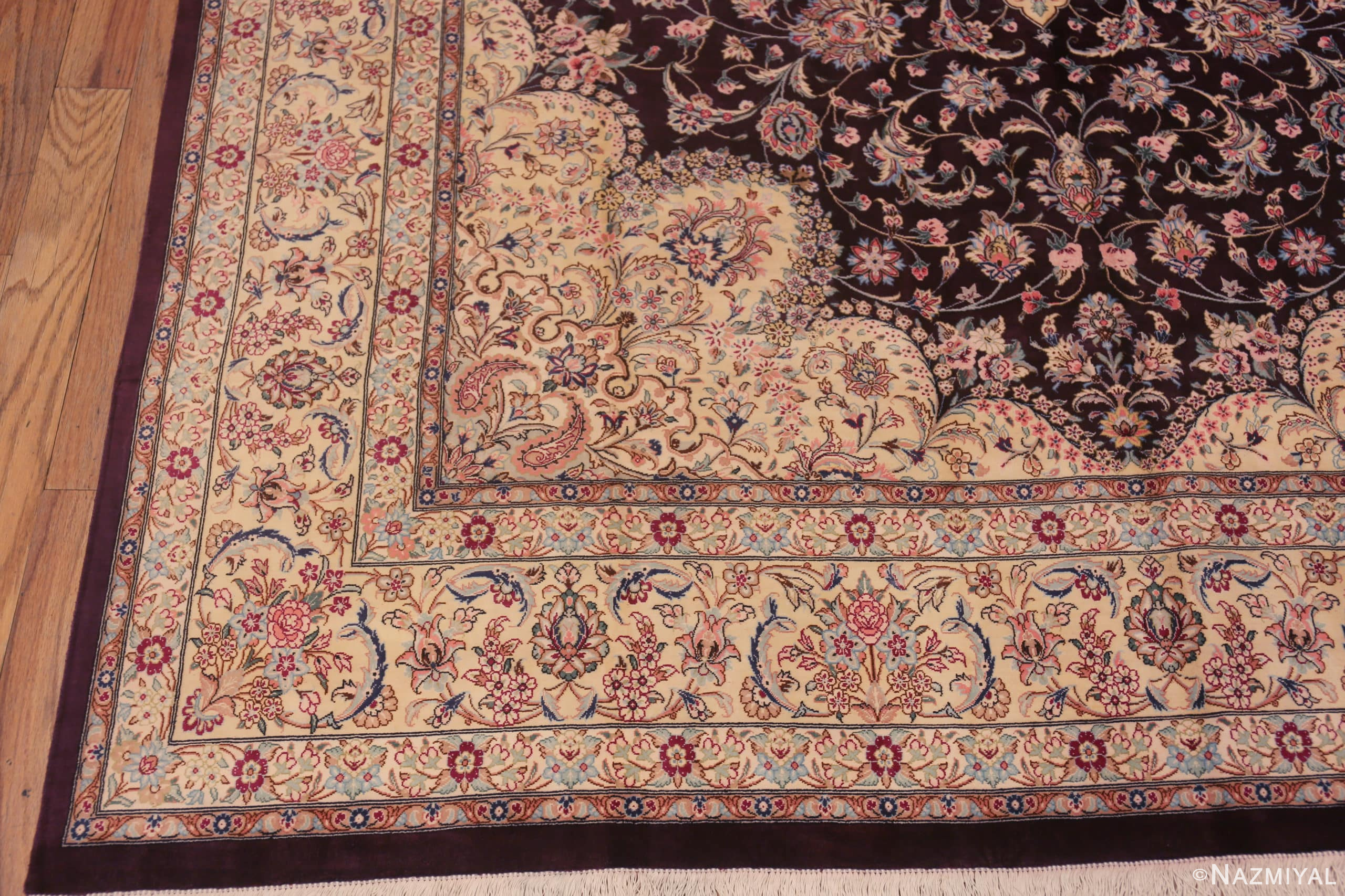 Corner of Fine Luxurious Purple Color Vintage Persian Silk Qum Rug 72753 by Nazmiyal Antique Rugs