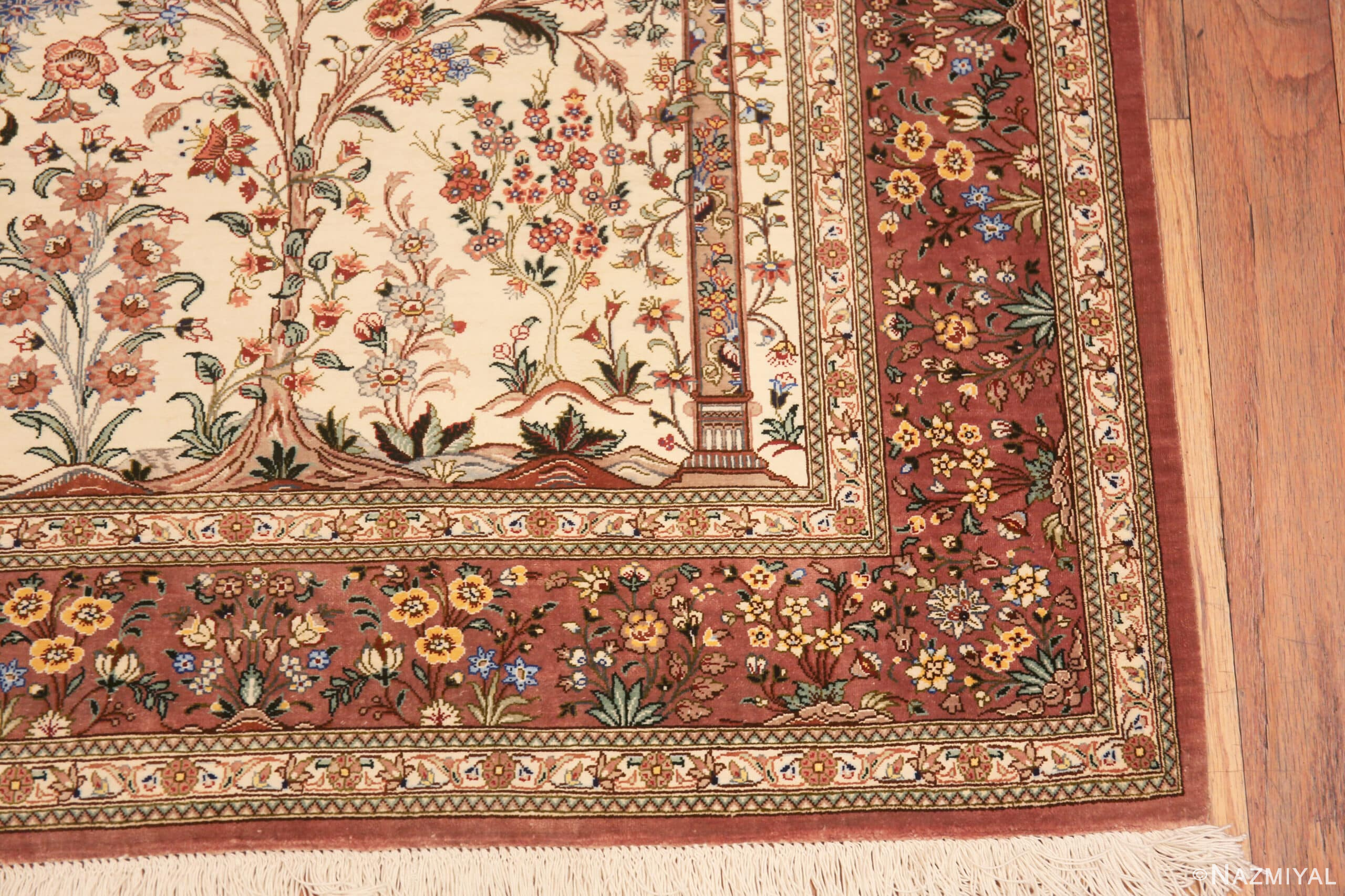Corner of Fine Luxurious Tree of Life Pattern Prayer Design Vintage Persian Silk Qum Rug 72768 by Nazmiyal Antique Rugs