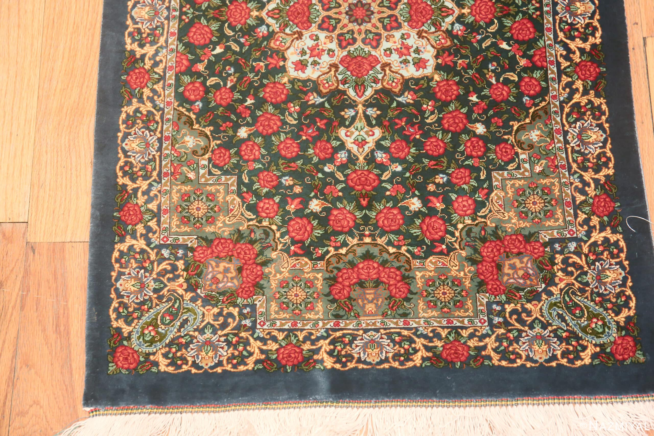 Corner of Fine Small Green Floral Vintage Persian Silk Qum Rug 72779 by Nazmiyal Antique Rugs