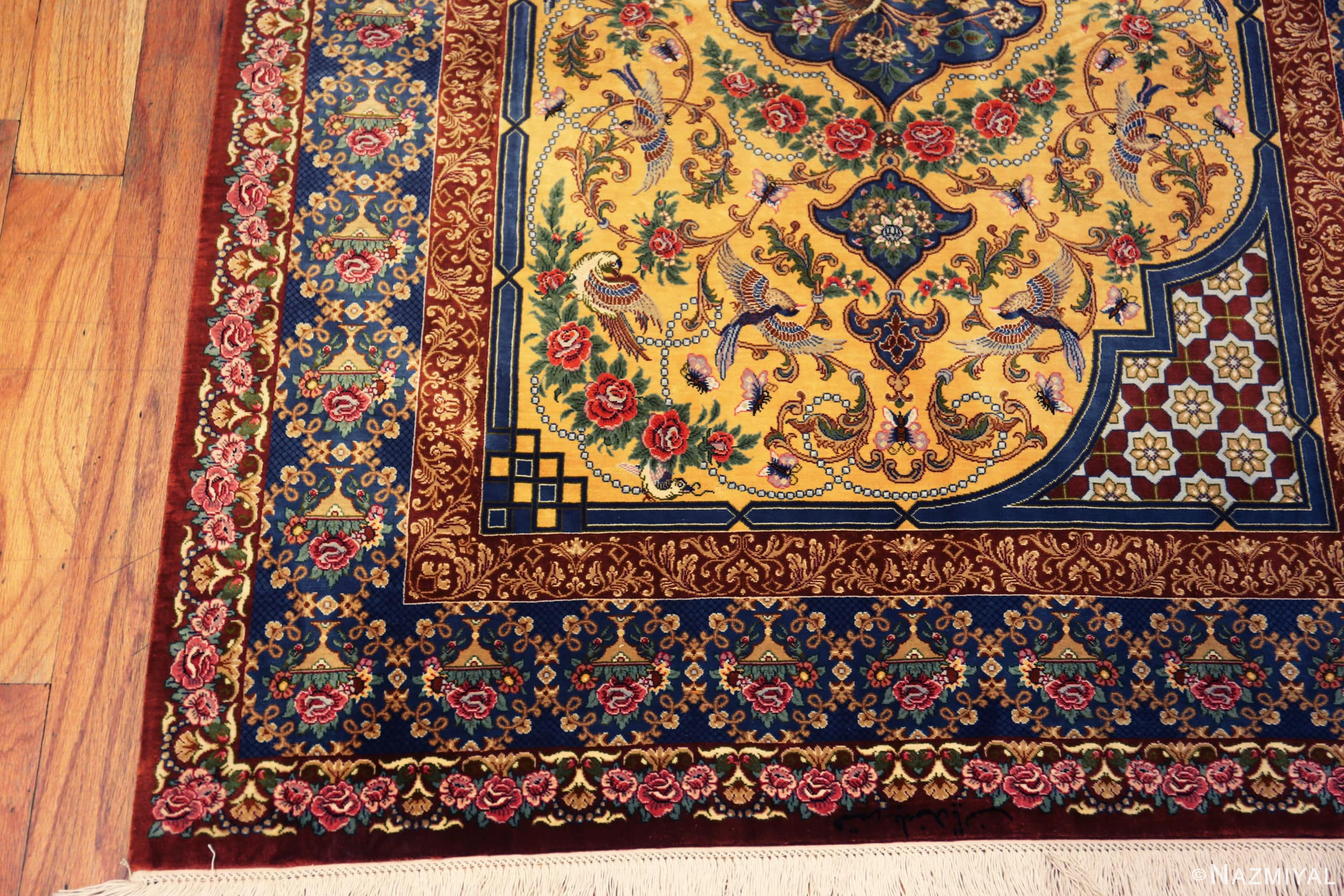 Corner of Fine Small Luxurious Silk Pile Gold Color Vintage Persian Qum Rug 72772 by Nazmiyal Antique Rugs