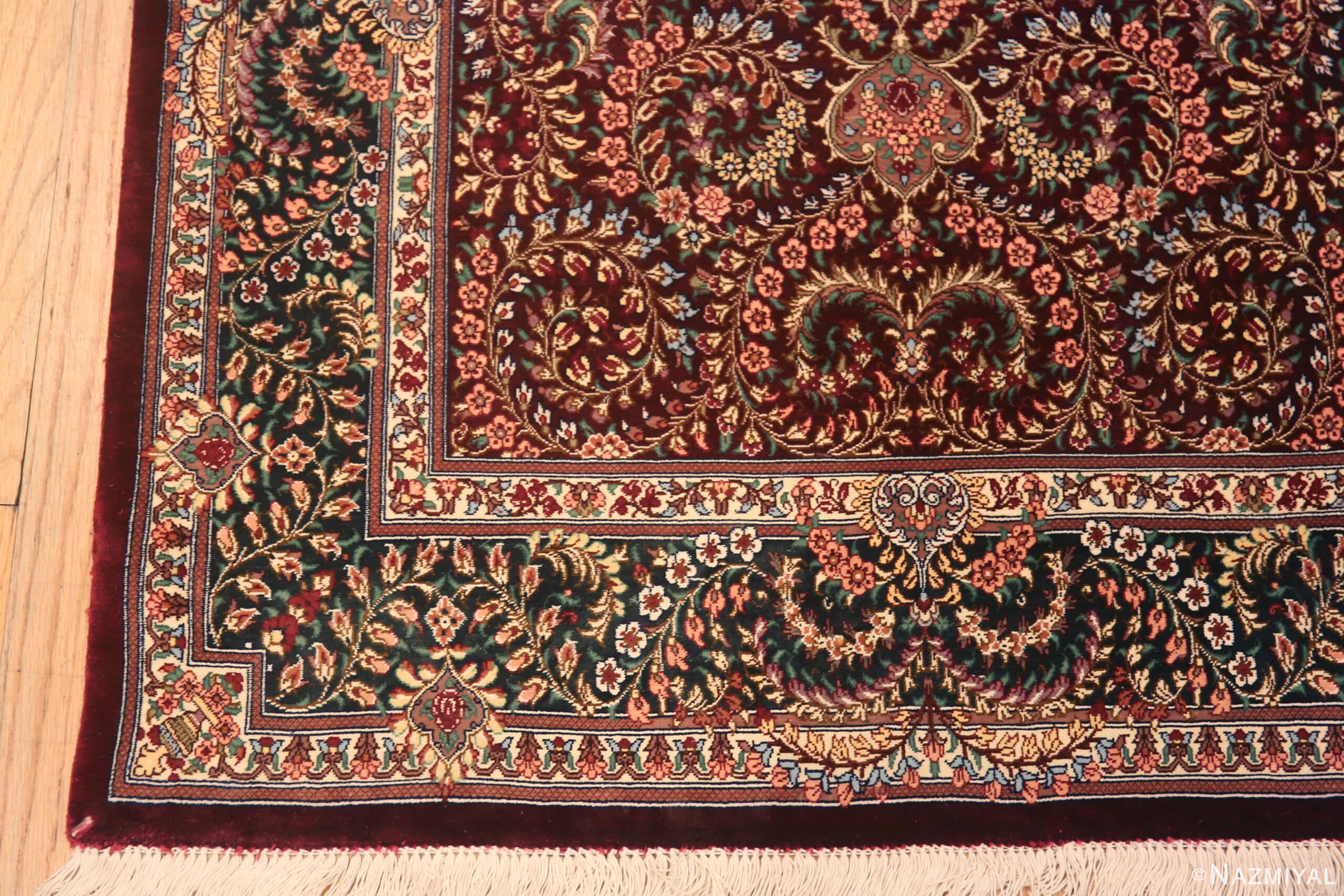 Corner of Luxurious Fine Floral Vintage Persian Silk Qum Hallway Runner Rug 72790 by Nazmiyal Antique Rugs