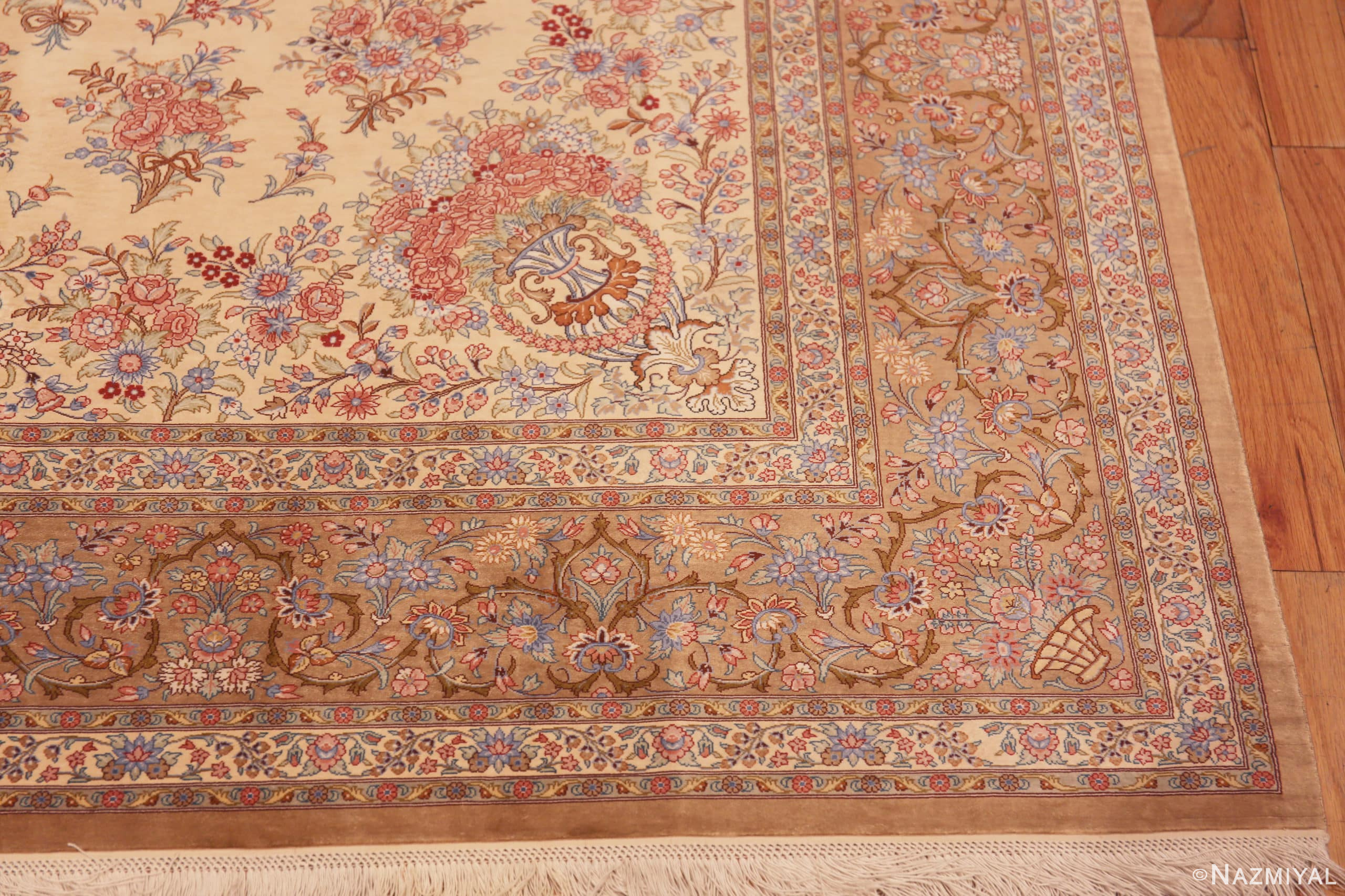 Corner of Luxurious Fine Ivory Vintage Persian Silk Floral Gonbad Design Qum Rug 72749 by Nazmiyal Antique Rugs