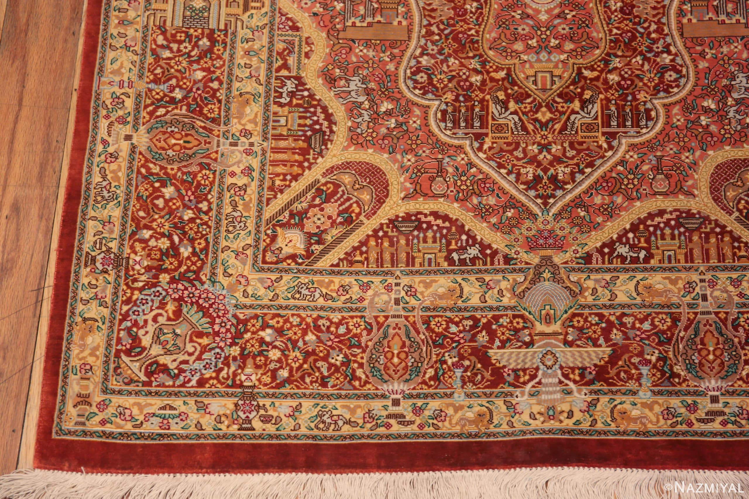 Corner of Small Fine Artistic Luxurious Silk Pile Vintage Persian Animal Design Qum Rug 70808 by Nazmiyal Antique Rugs