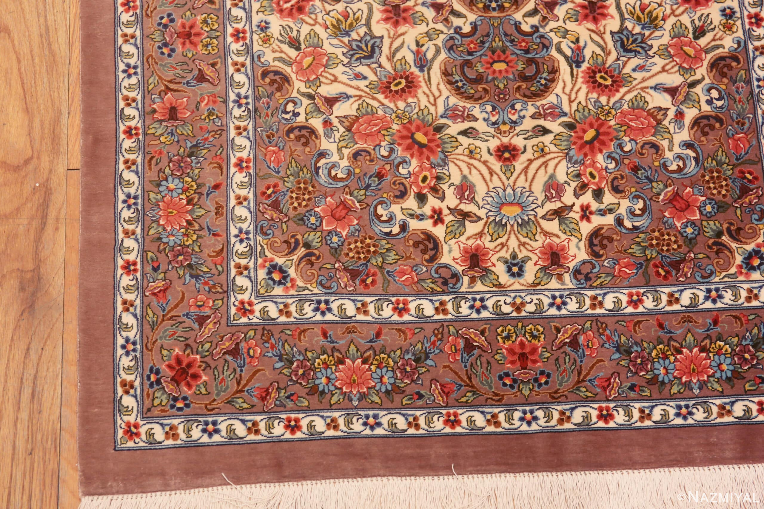Corner of Small Fine Floral Design Vintage Luxurious Persian Silk Qum Rug 72780 by Nazmiyal Antique Rugs