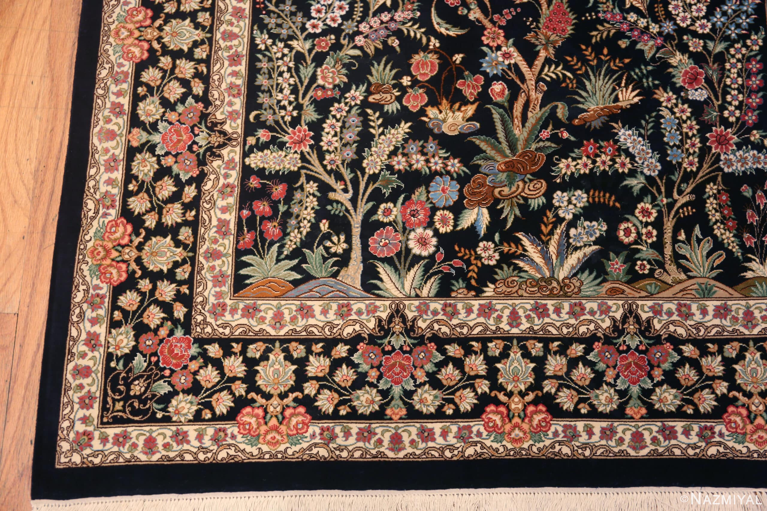 Corner of Small Size Floral Design Luxurious Vintage Persian Silk Qum Rug 72764 by Nazmiyal Antique Rugs
