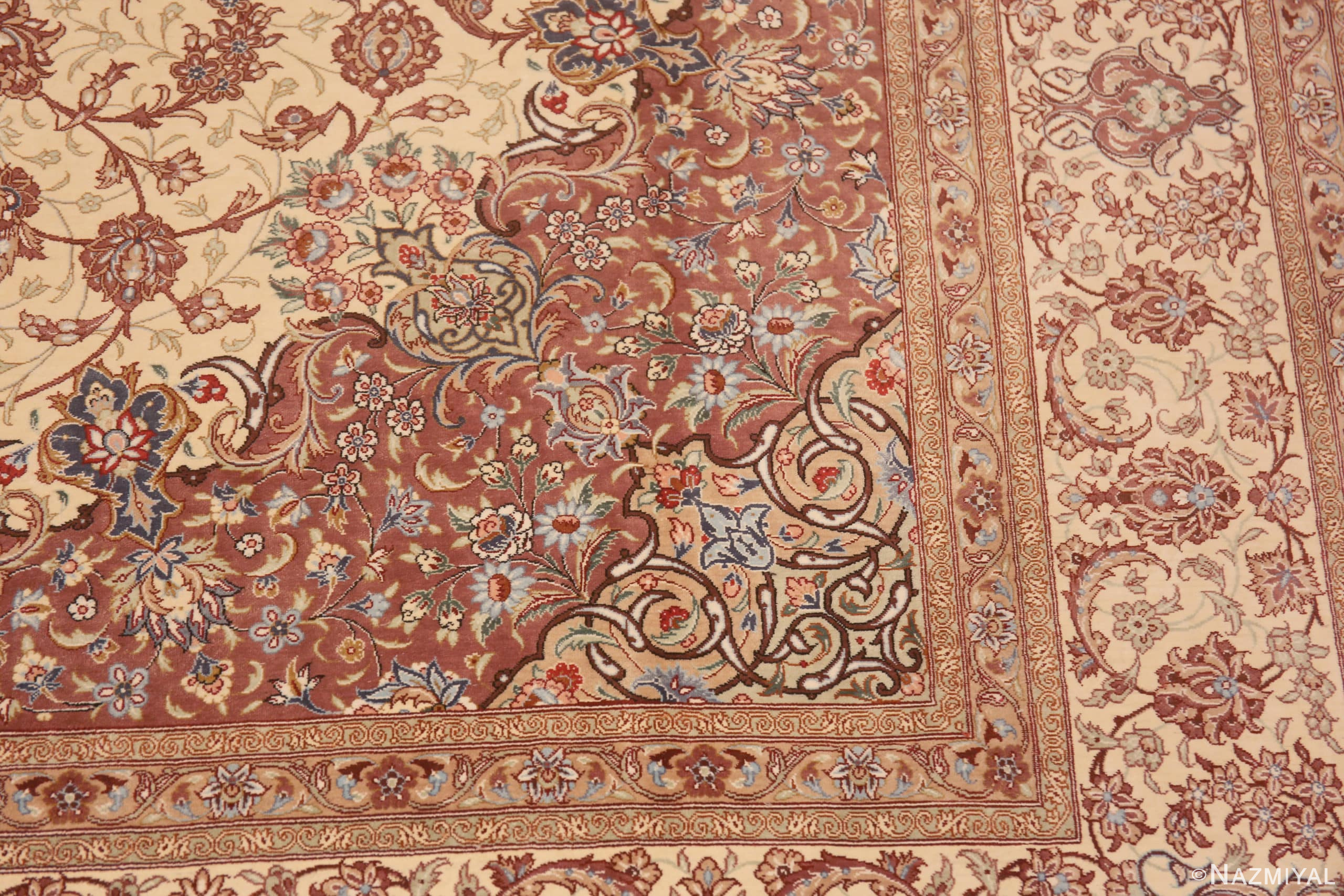 Details of Fine Floral Room Size Vintage Luxurious Silk Persian Qum Medallion Rug 72750 by Nazmiyal Antique Rugs