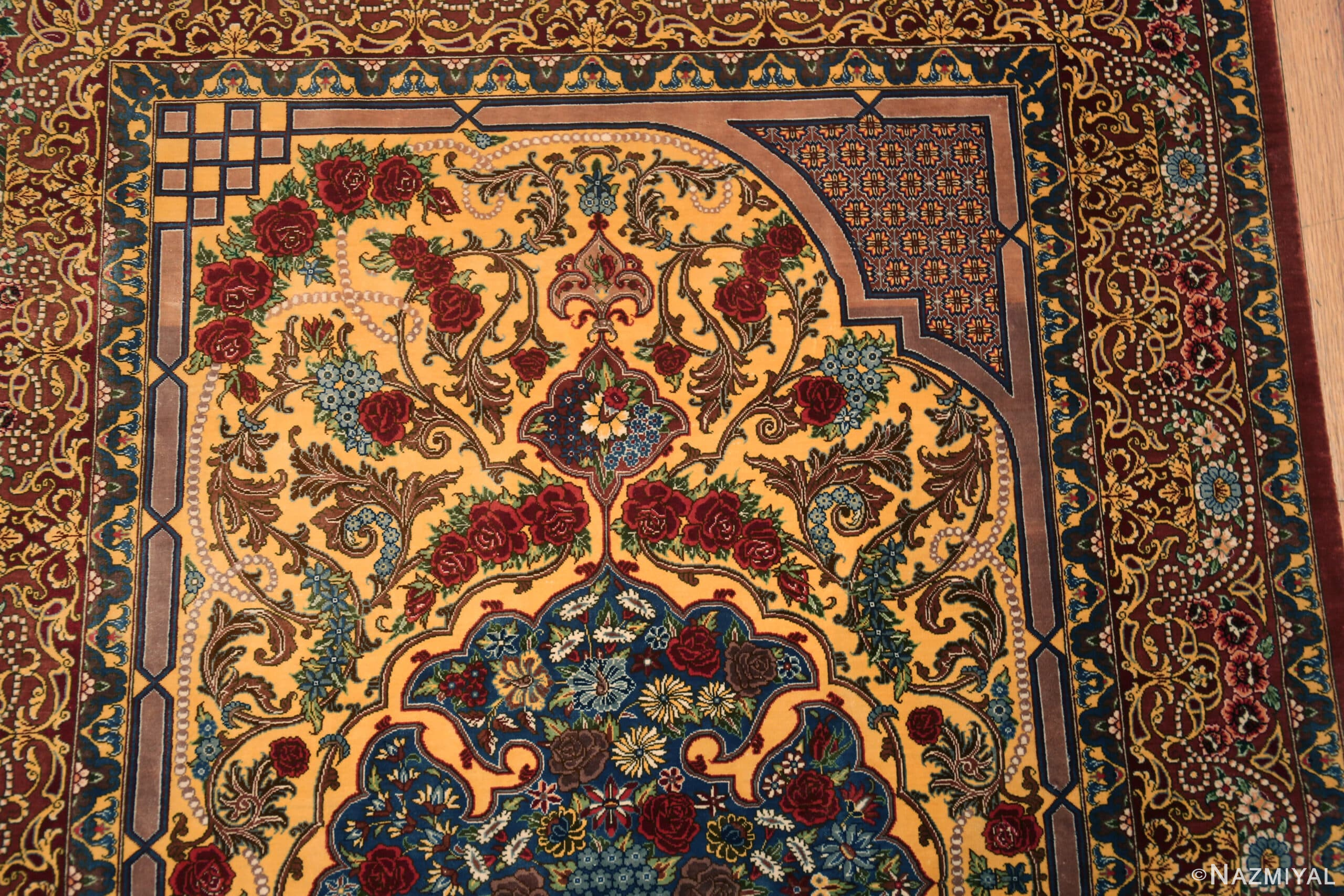 Details of Fine Small Artistic Gold Color Luxurious Vintage Persian Silk Qum Rug 72773 by Nazmiyal Antique Rugs