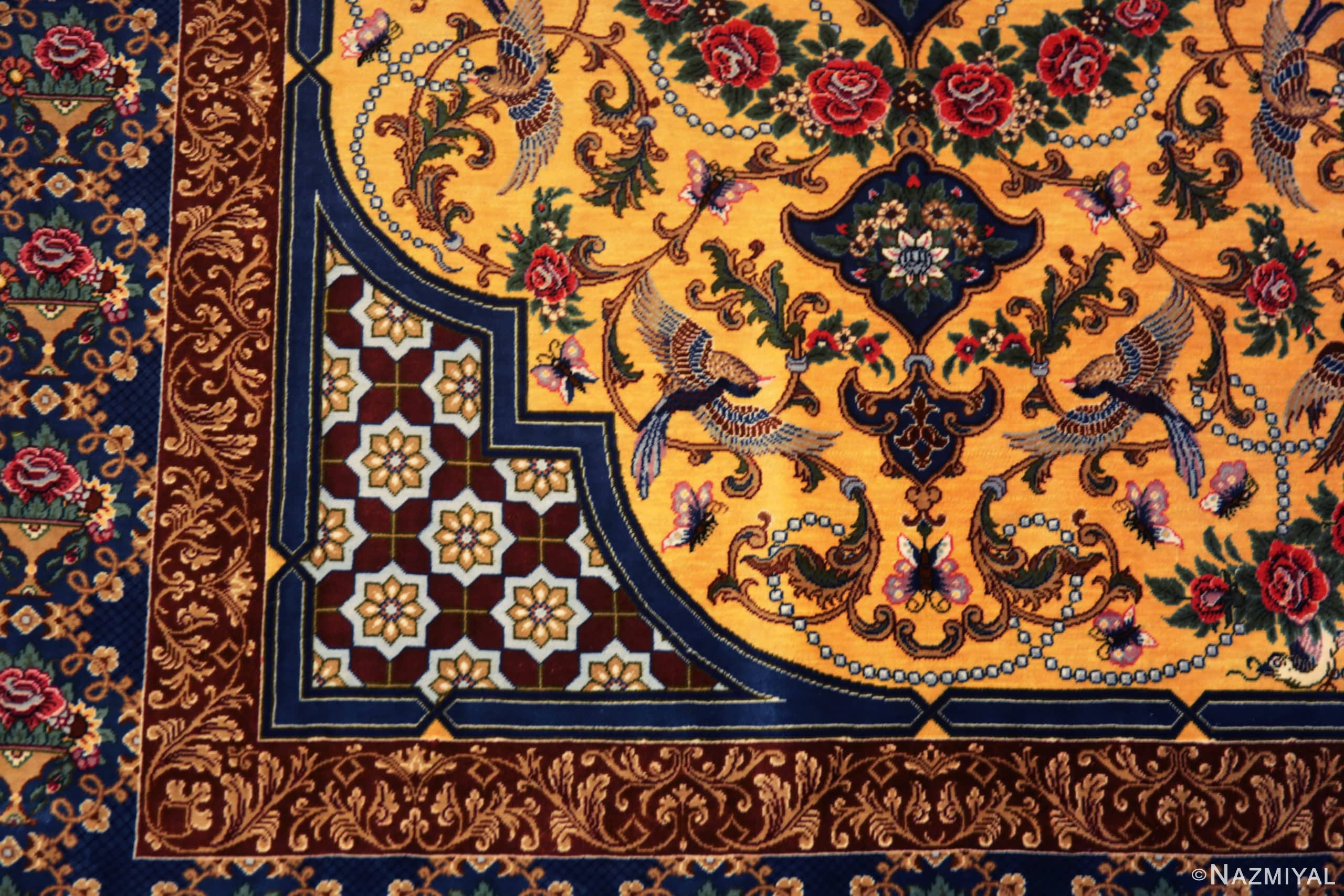 Details of Fine Small Luxurious Silk Pile Gold Color Vintage Persian Qum Rug 72772 by Nazmiyal Antique Rugs