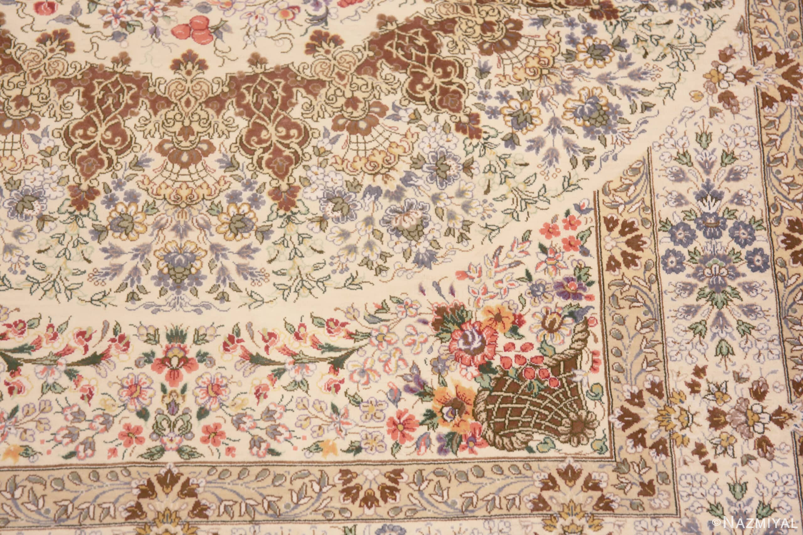 Details of Luxurious Small Size Fine Weave Artistic Floral Design Vintage Persian Silk Qum Rug 72766 by Nazmiyal Antique Rugs