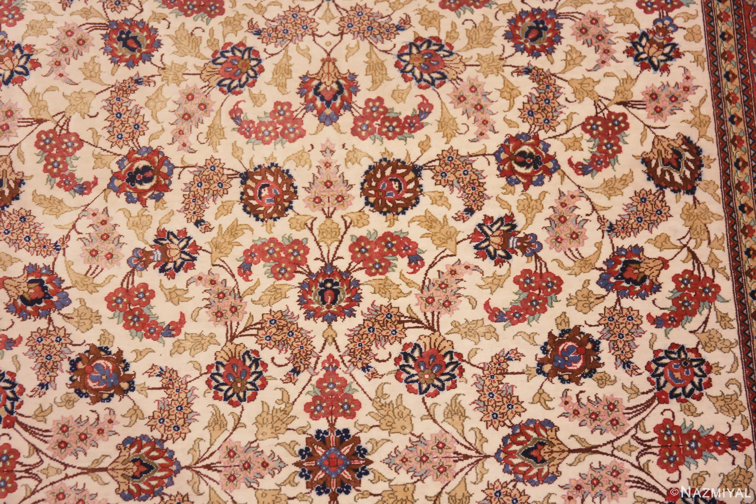Details of Small Fine Ivory Color Floral Design Vintage Persian Silk Qum Luxury Rug 70809 by Nazmiyal Antique Rugs