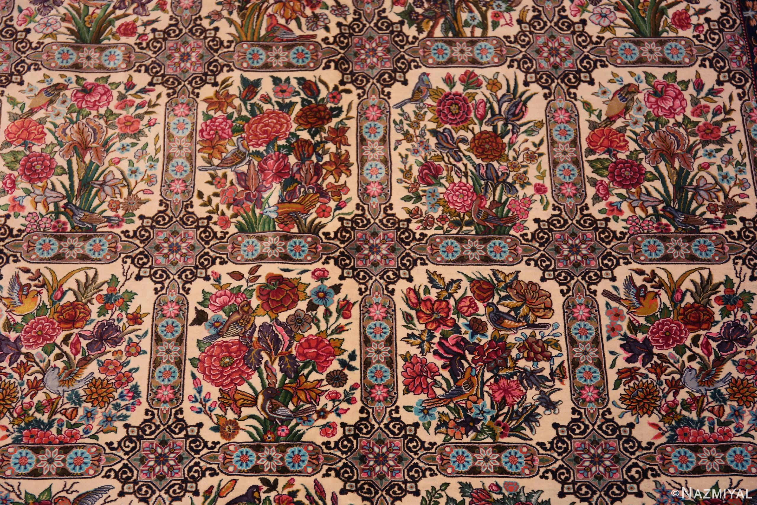 Florals of Fine Long Narrow Gallery Size Vintage Garden Design Silk Persian Qum Rug 72743 by Nazmiyal Antique Rugs