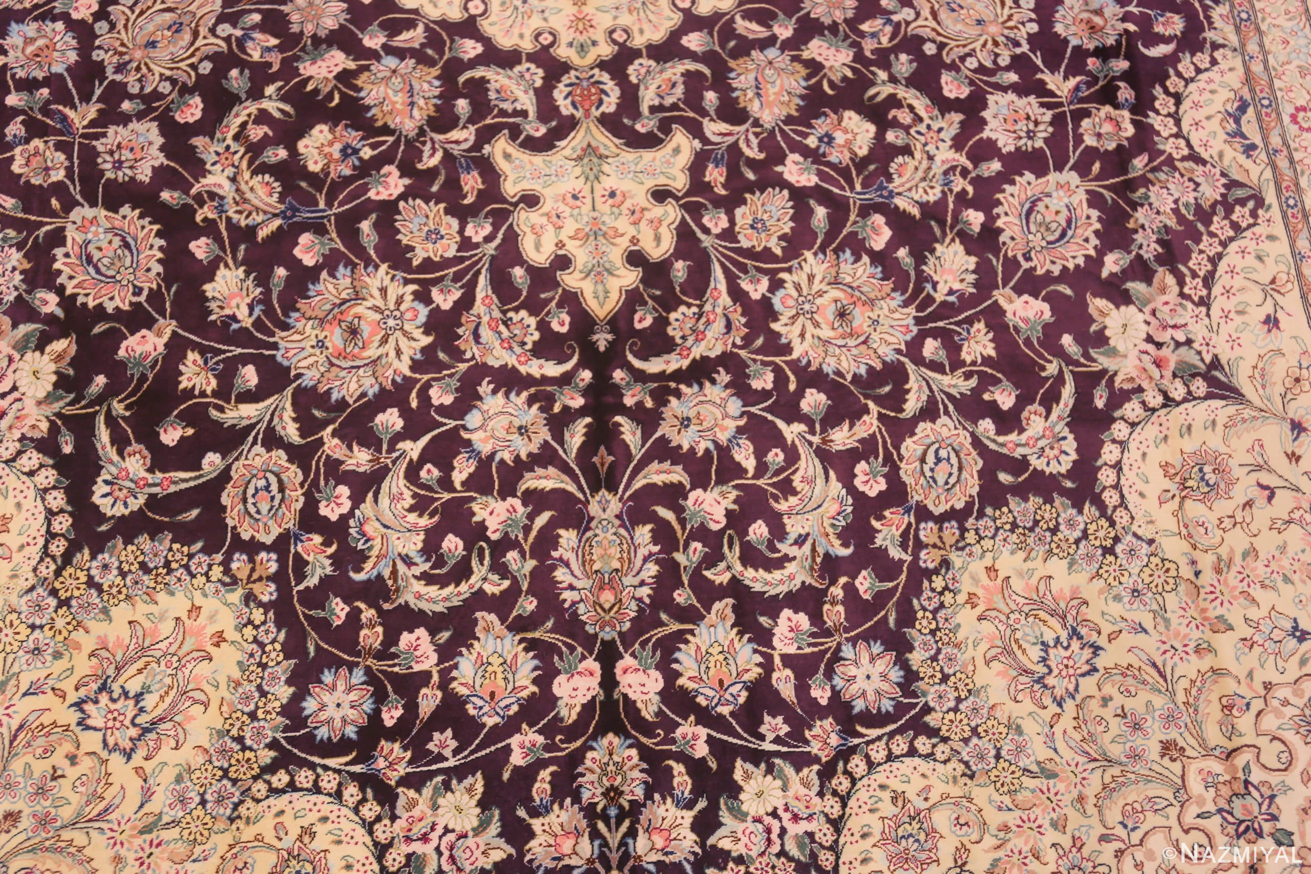 Florals of Fine Luxurious Purple Color Vintage Persian Silk Qum Rug 72753 by Nazmiyal Antique Rugs