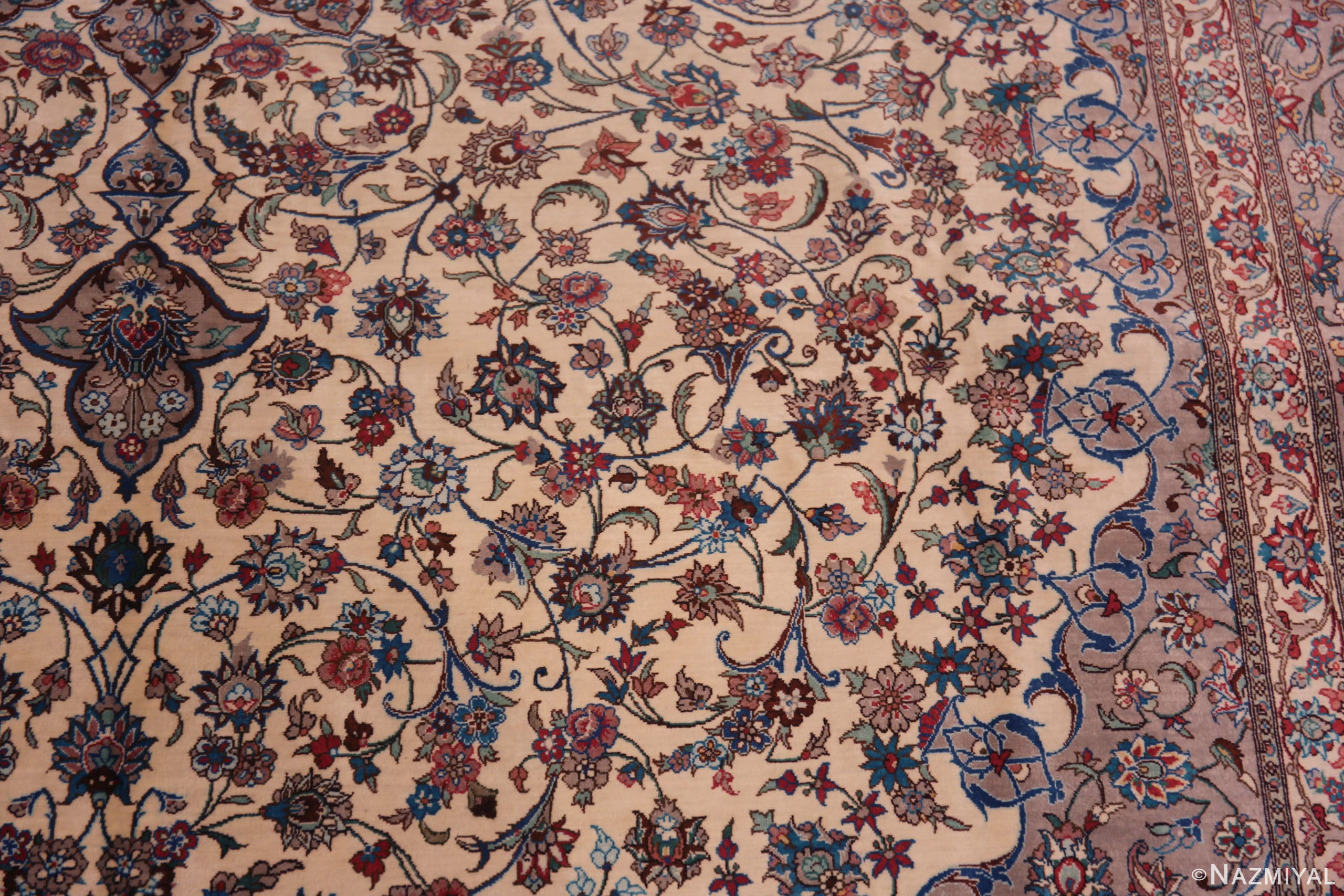 Florals of Fine Weave Ivory Background Floral Medallion Design Luxurious Vintage Qum Silk Persian Rug 72748 by Nazmiyal Antique Rugs