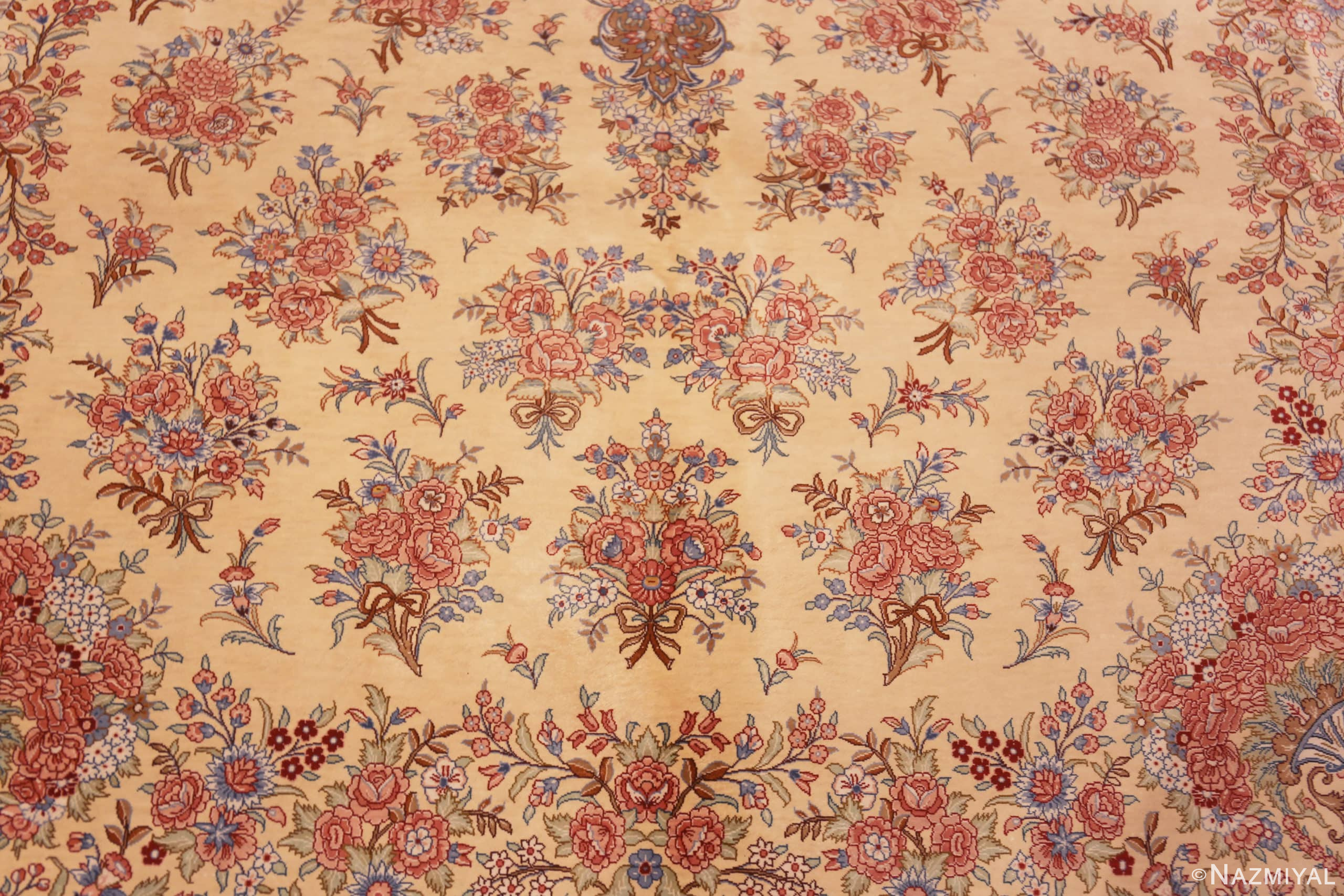 Florals of Luxurious Fine Ivory Vintage Persian Silk Floral Gonbad Design Qum Rug 72749 by Nazmiyal Antique Rugs