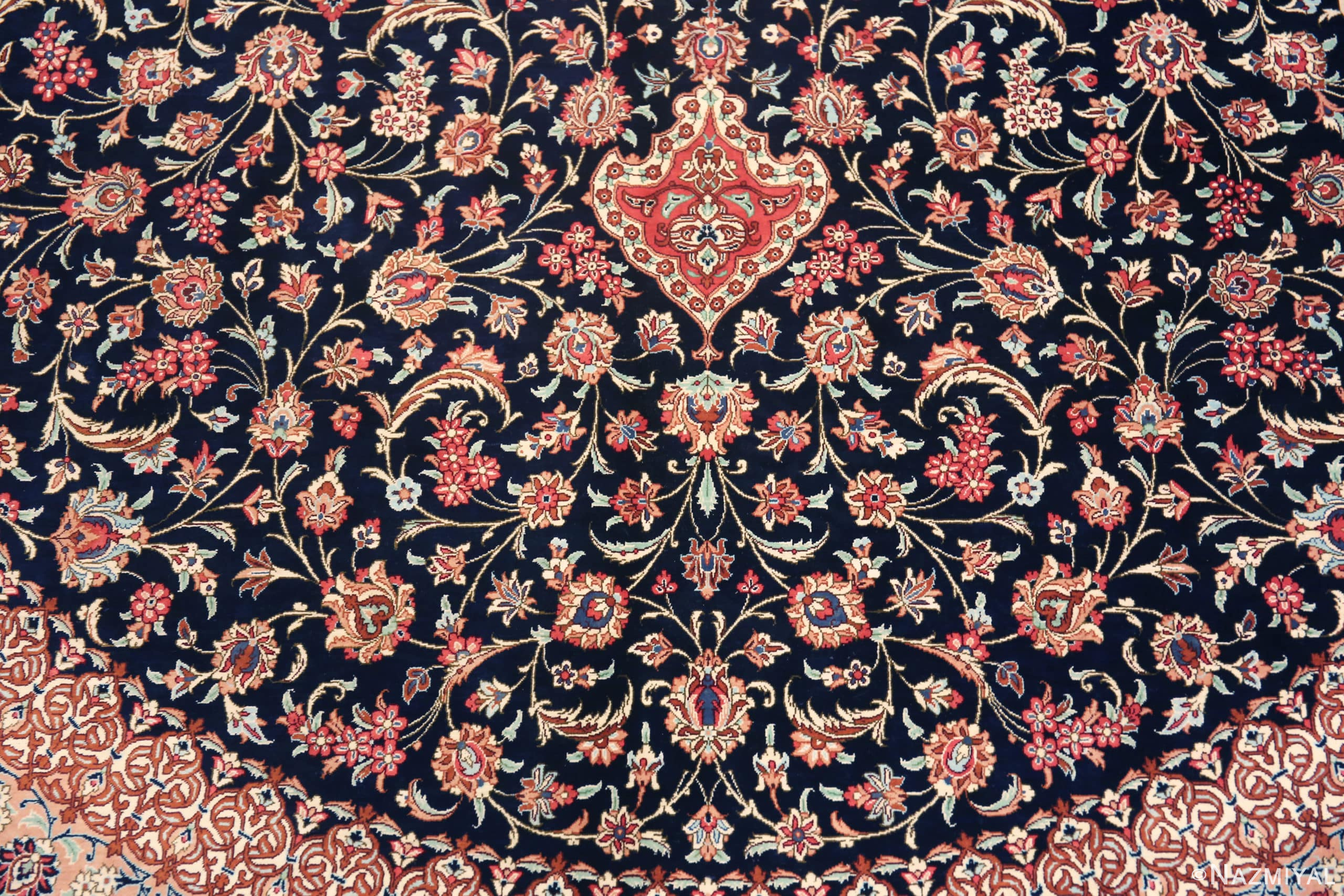 Florals of Luxurious Room Size Silk Vintage Blue Persian Fine Qum Gonbad Design Rug 72741 by Nazmiyal Antique Rugs