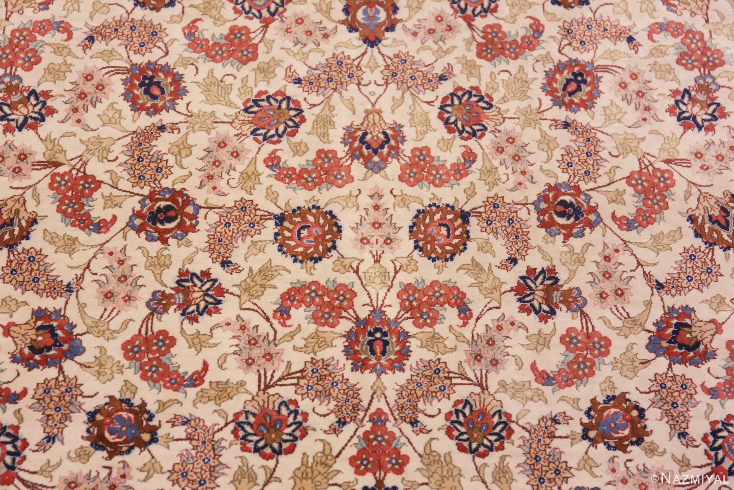 Florals of Small Fine Ivory Color Floral Design Vintage Persian Silk Qum Luxury Rug 70809 by Nazmiyal Antique Rugs