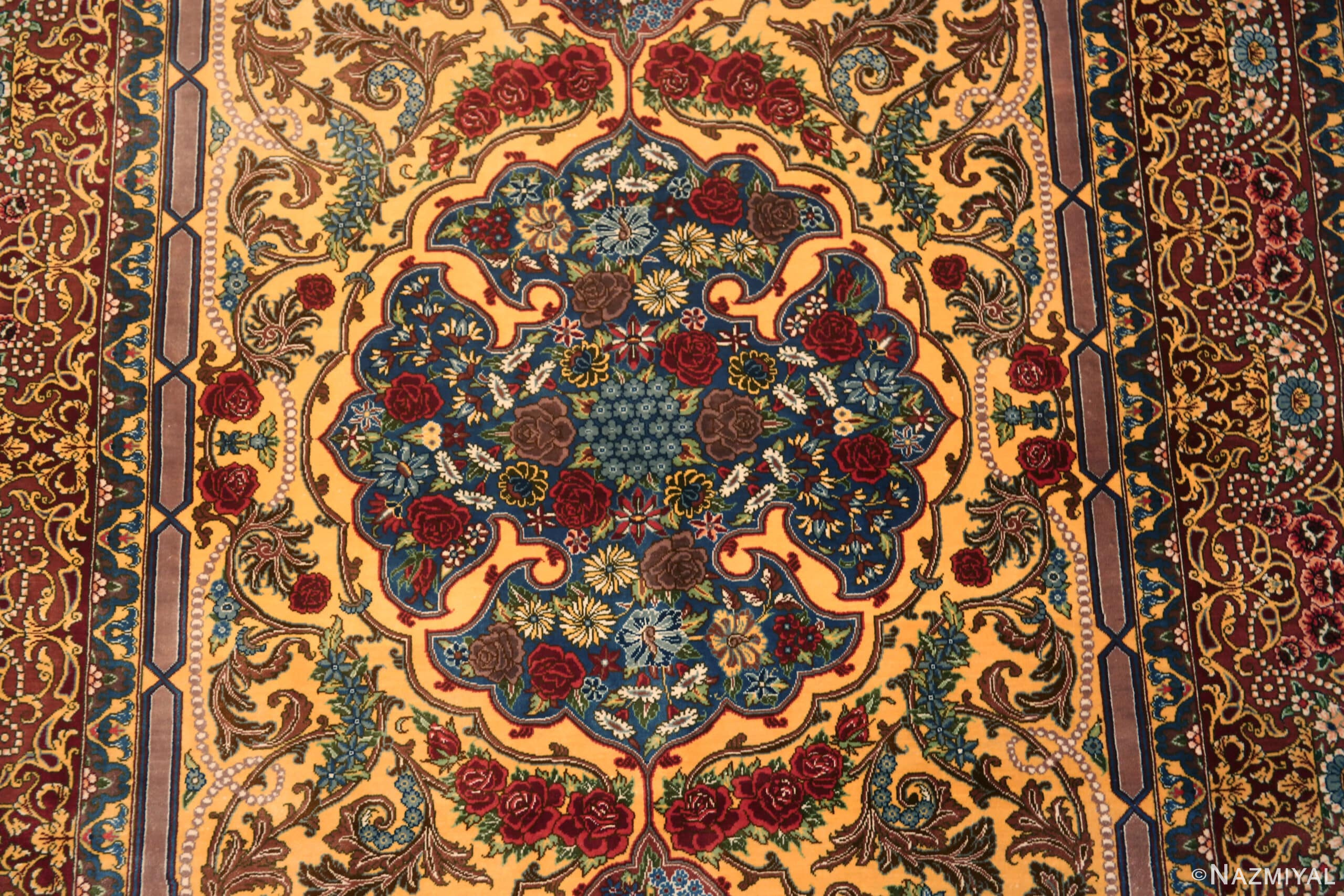 Medallion of Fine Small Artistic Gold Color Luxurious Vintage Persian Silk Qum Rug 72773 by Nazmiyal Antique Rugs