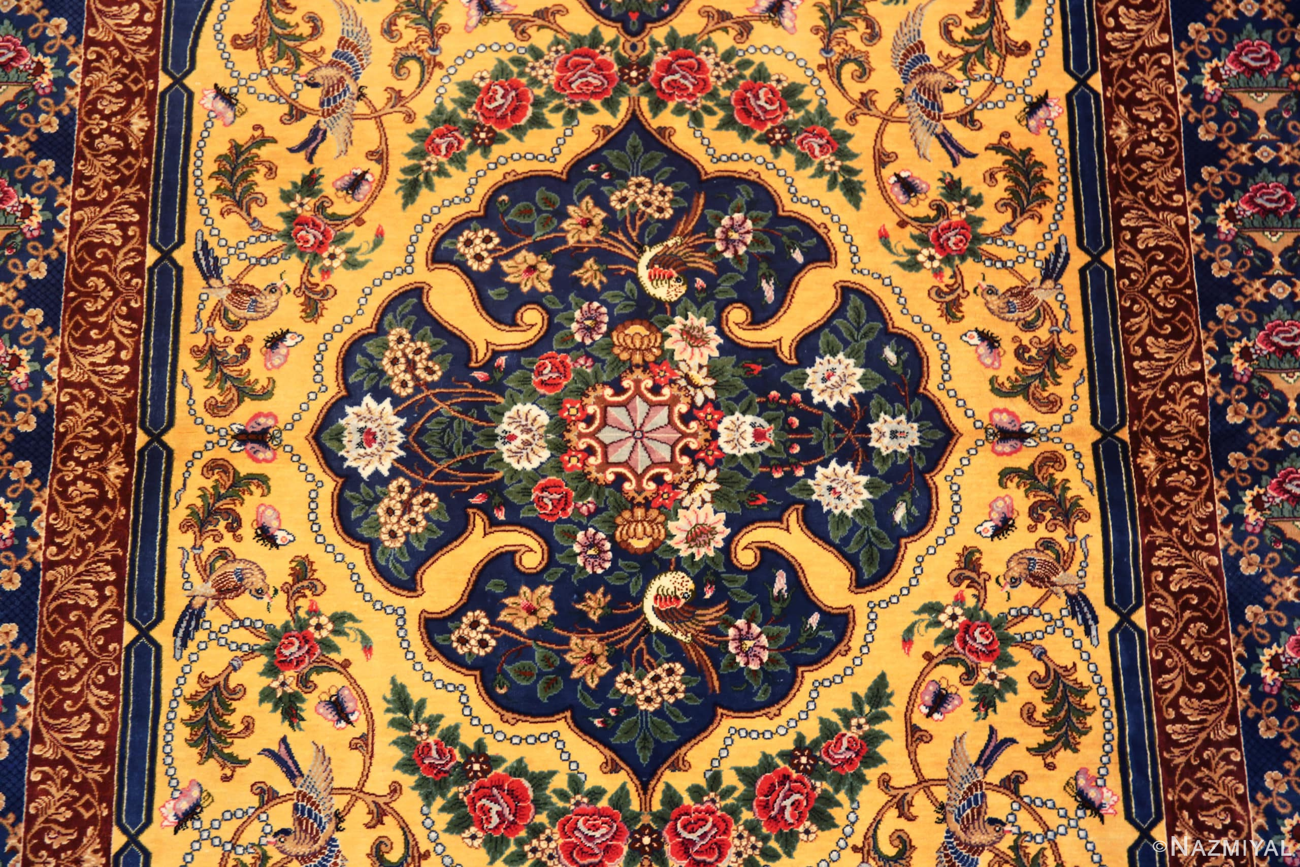 Medallion of Fine Small Luxurious Silk Pile Gold Color Vintage Persian Qum Rug 72772 by Nazmiyal Antique Rugs