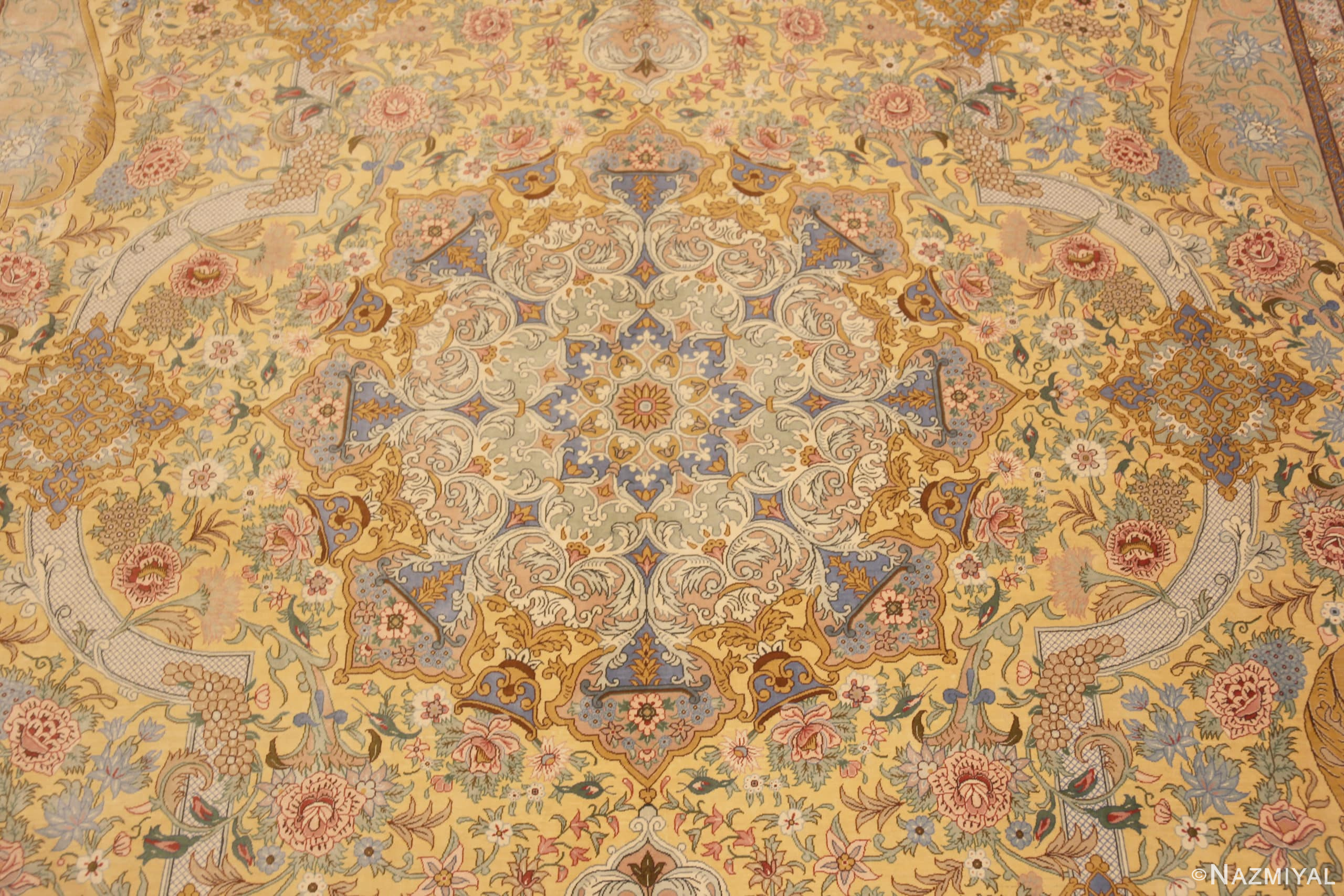 Medallion of Luxurious Light Gold Color Fine Room Size Vintage Persian Silk Qum Rug 72746 by Nazmiyal Antique Rugs