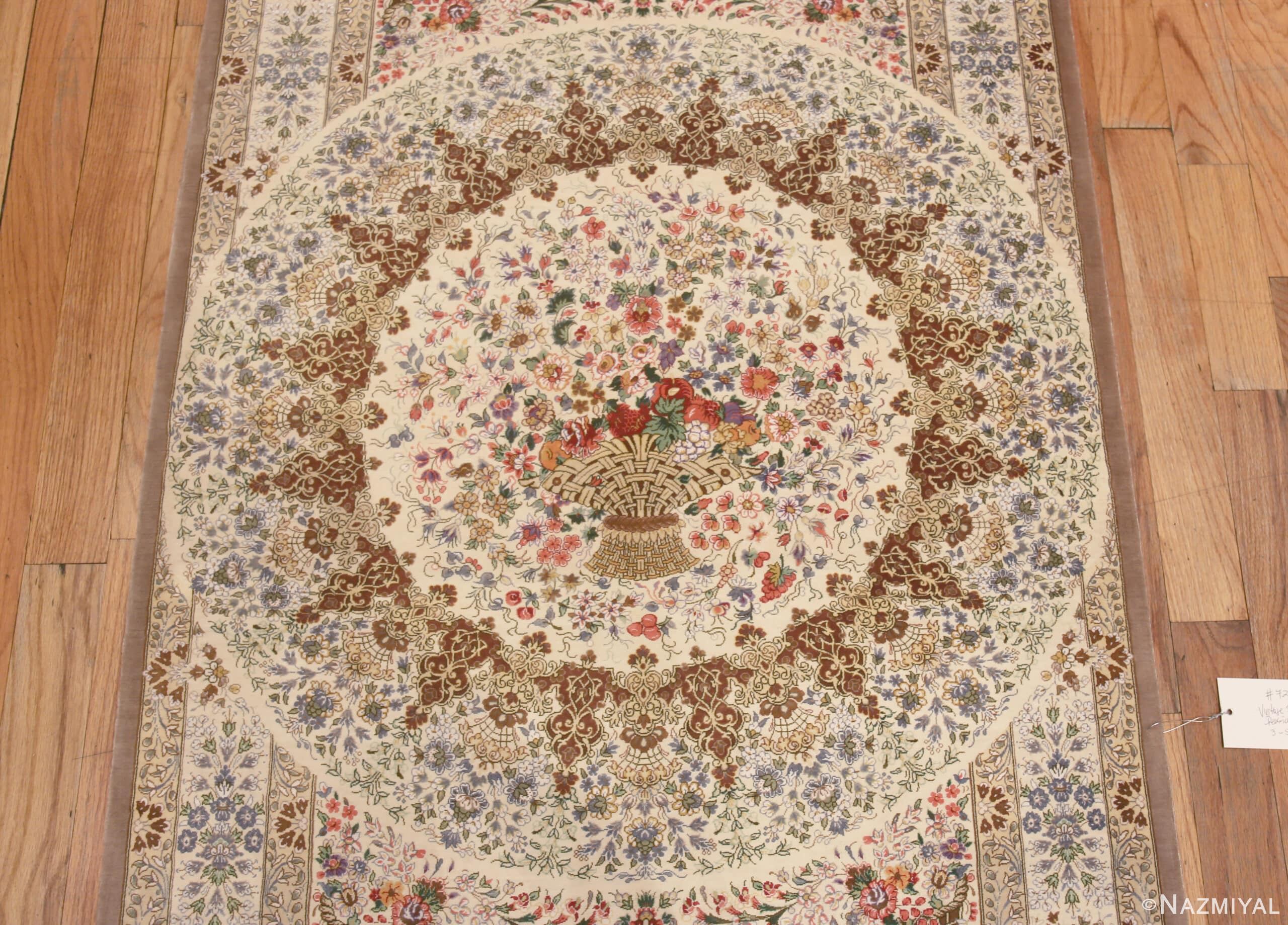 Medallion of Luxurious Small Size Fine Weave Artistic Floral Design Vintage Persian Silk Qum Rug 72766 by Nazmiyal Antique Rugs