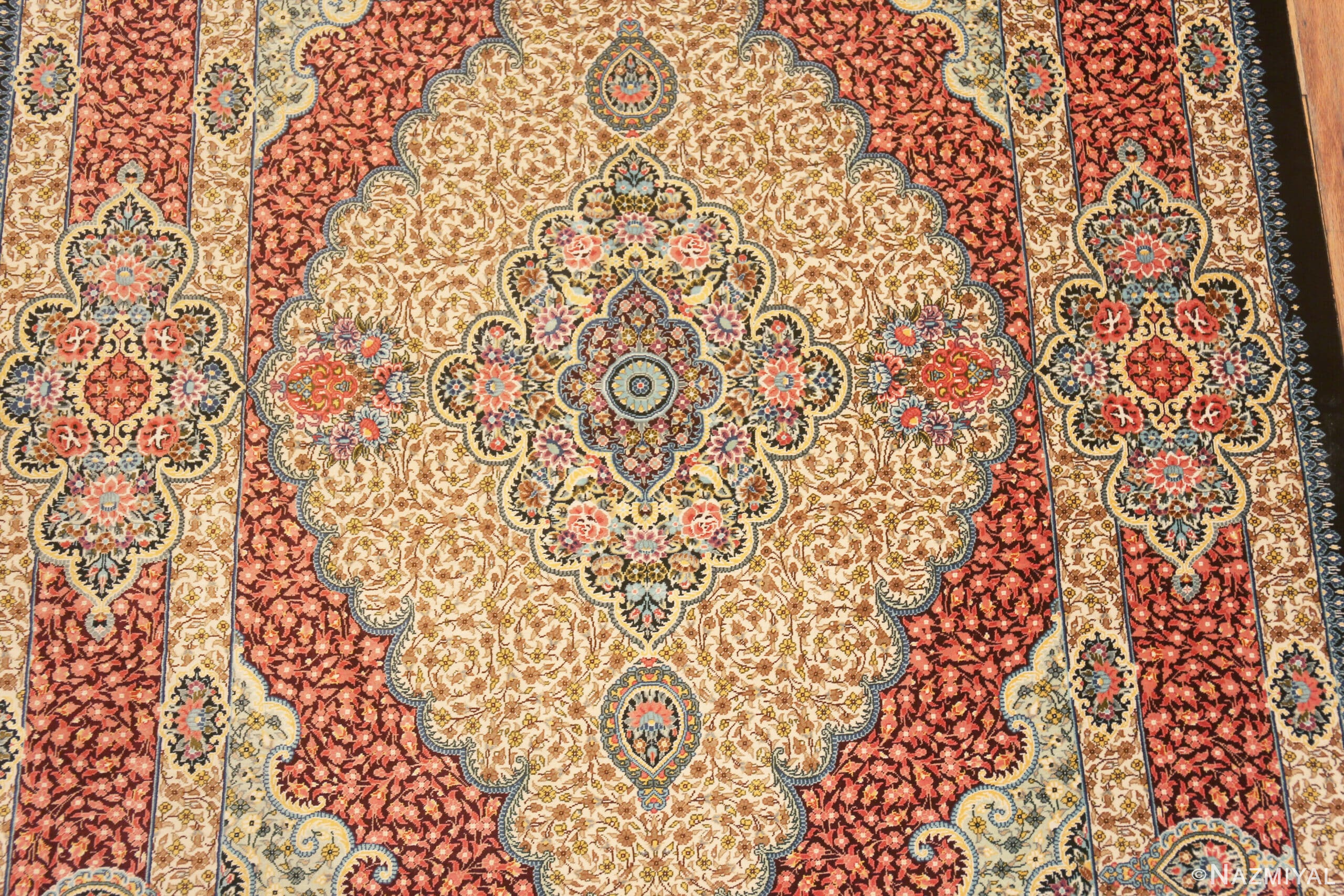 Medallion of Small Scatter Size Fine Luxurious Floral Vintage Persian Silk Qum Rug 72771 by Nazmiyal Antique Rugs