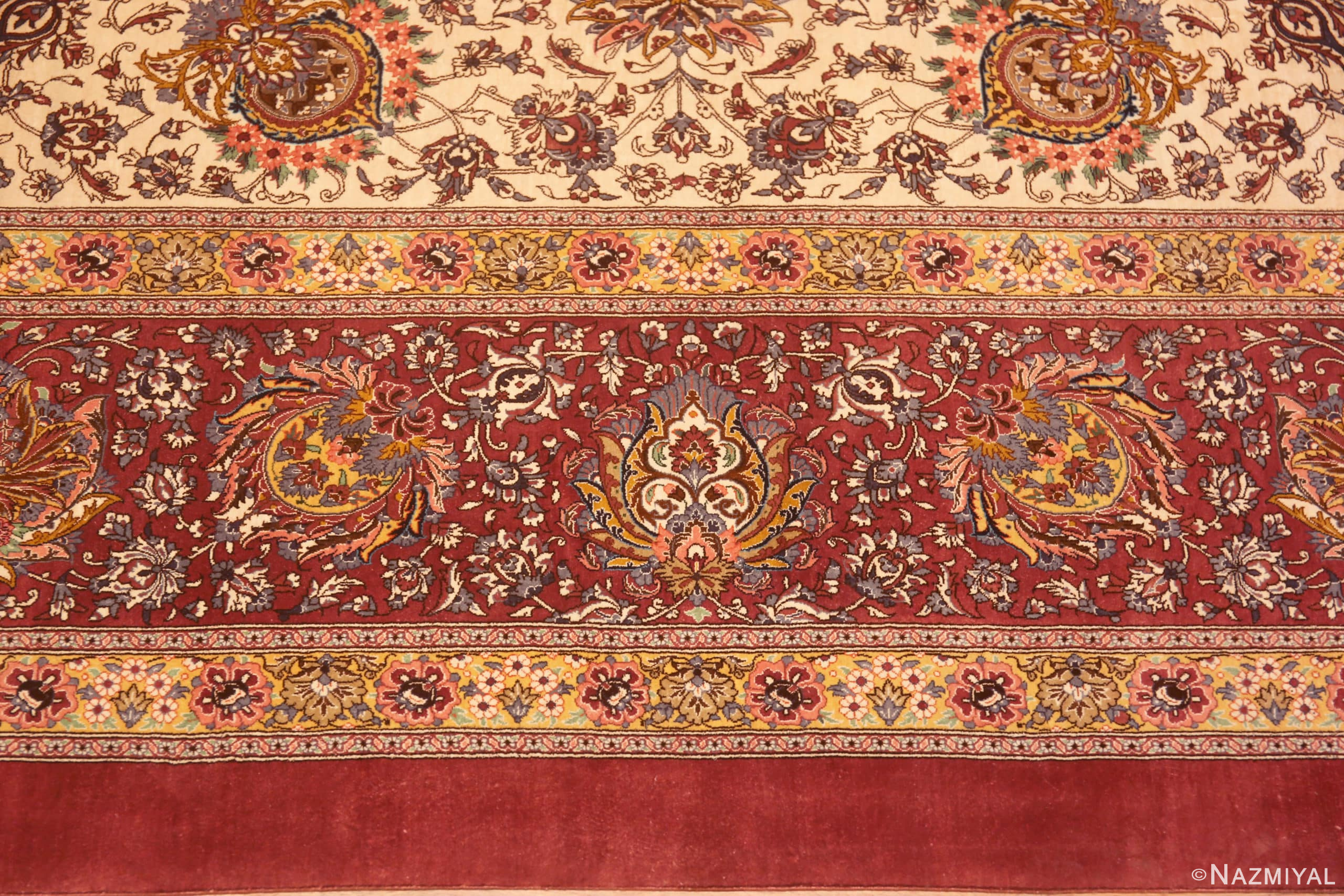 Motifs of Luxurious Room Size Ivory Allover Floral Design Fine Vintage Silk Persian Qum Rug 72757 by Nazmiyal Antique Rugs