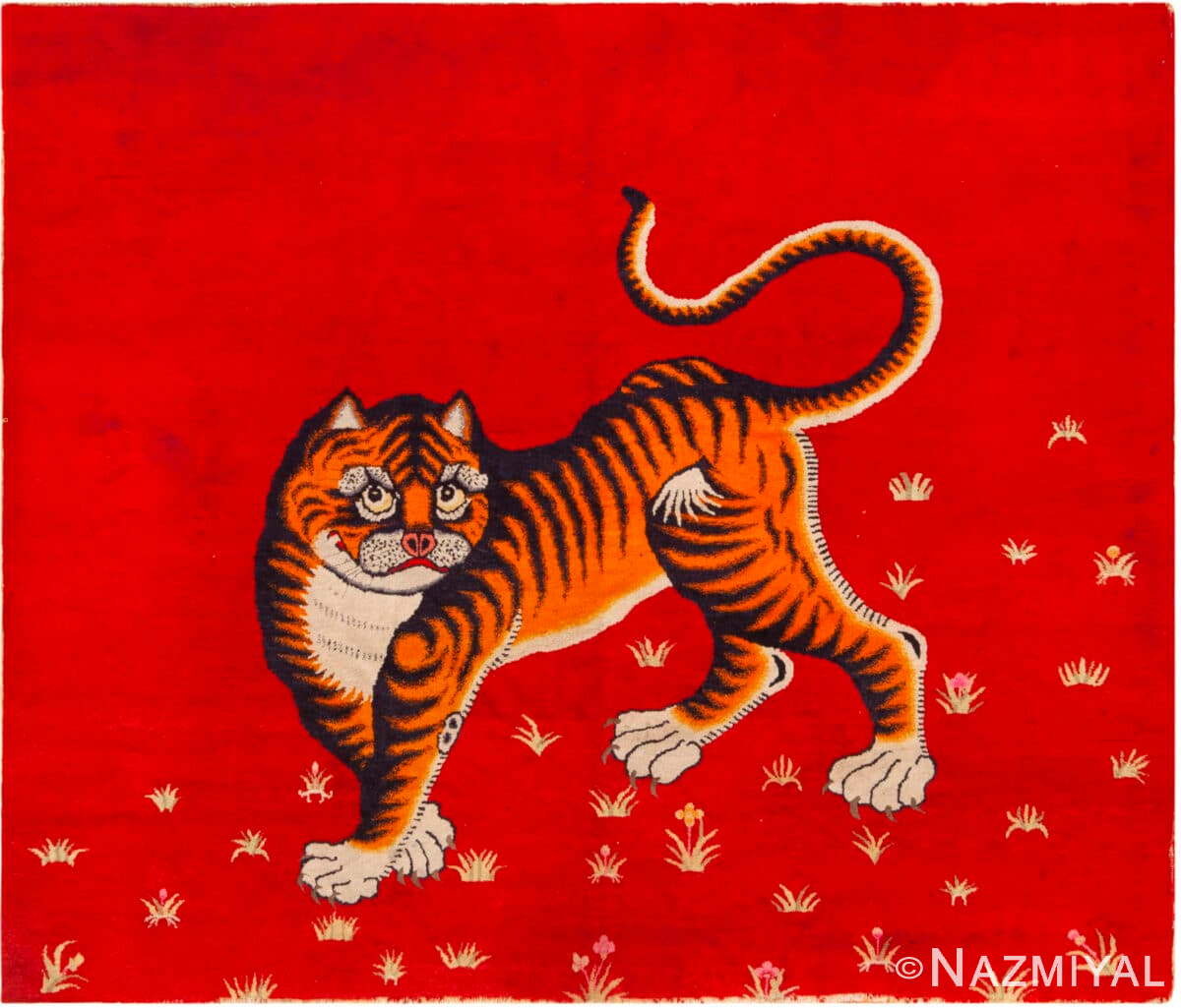 Red Background Antique Chinese Tiger Rug 72846 by Nazmiyal Antique Rugs