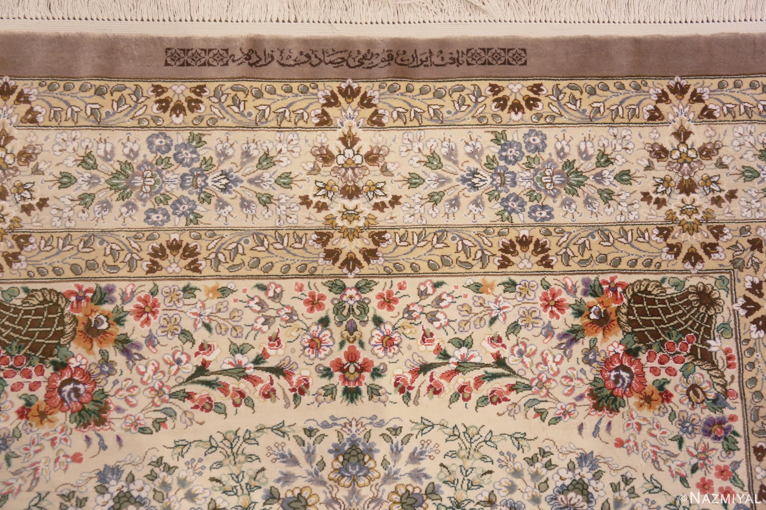 Signature of Luxurious Small Size Fine Weave Artistic Floral Design Vintage Persian Silk Qum Rug 72766 by Nazmiyal Antique Rugs