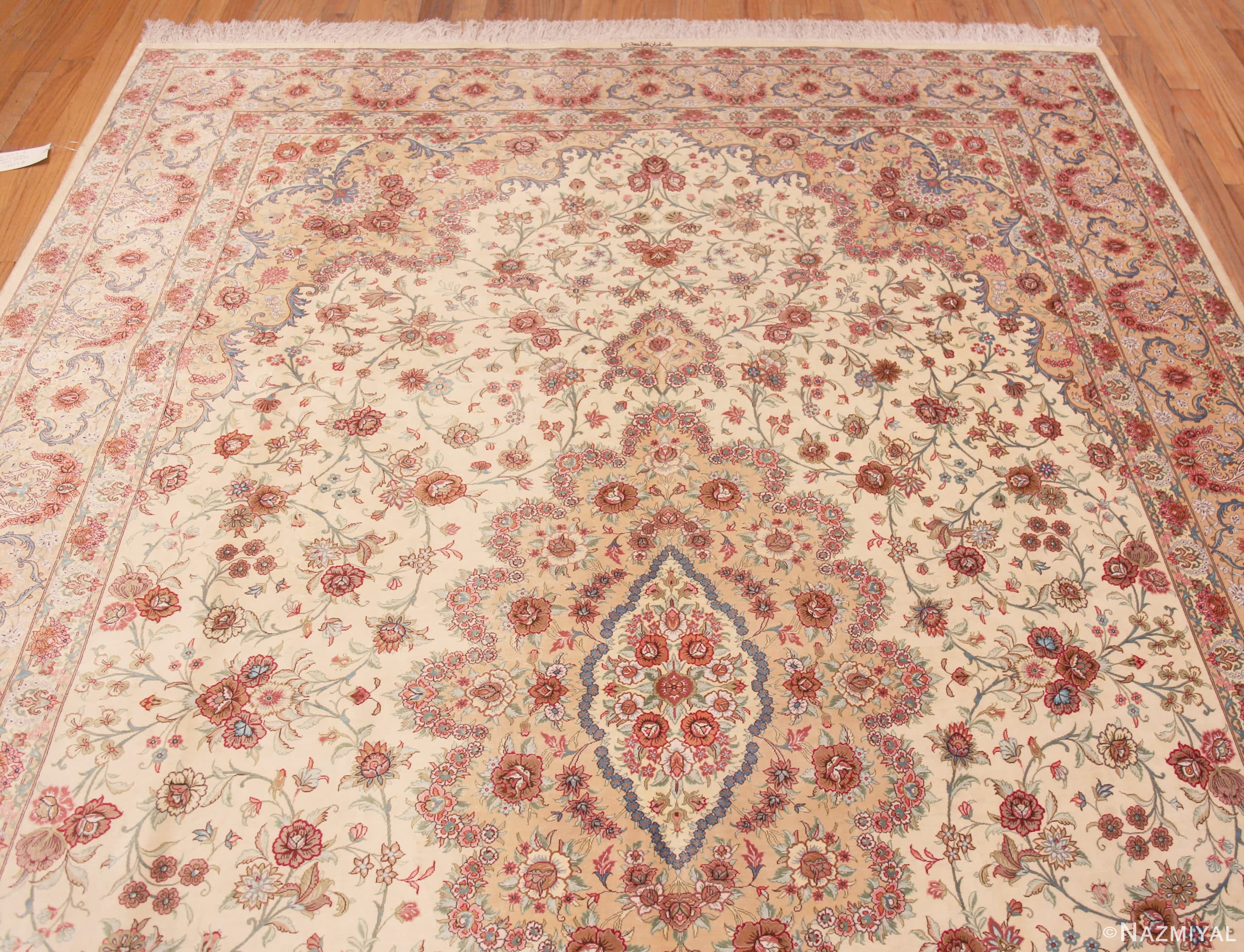 Top of Fine Luxurious Floral Room Size Vintage Persian Silk Qum Rug 72745 by Nazmiyal Antique Rugs