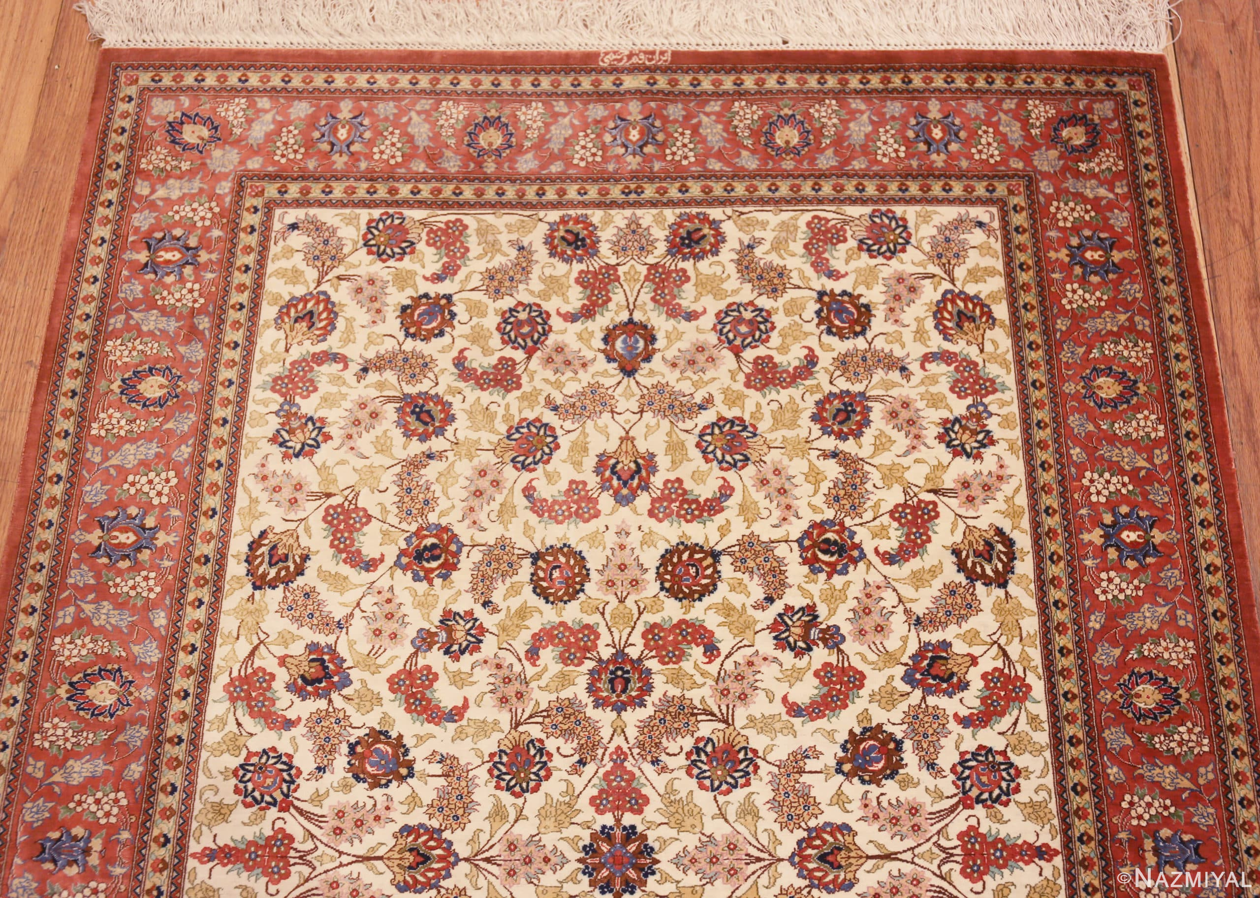 Top of Small Fine Ivory Color Floral Design Vintage Persian Silk Qum Luxury Rug 70809 by Nazmiyal Antique Rugs