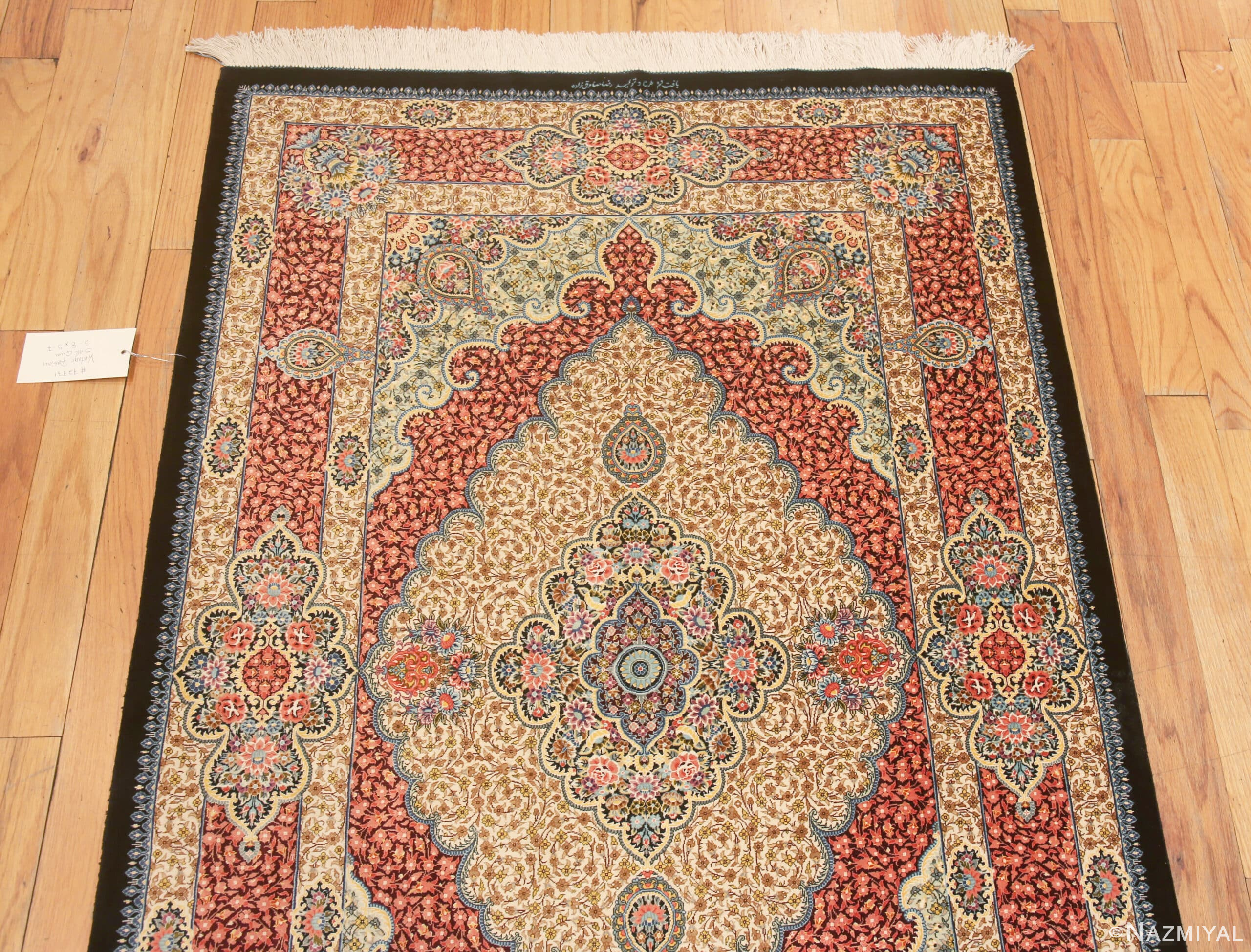 Top of Small Scatter Size Fine Luxurious Floral Vintage Persian Silk Qum Rug 72771 by Nazmiyal Antique Rugs