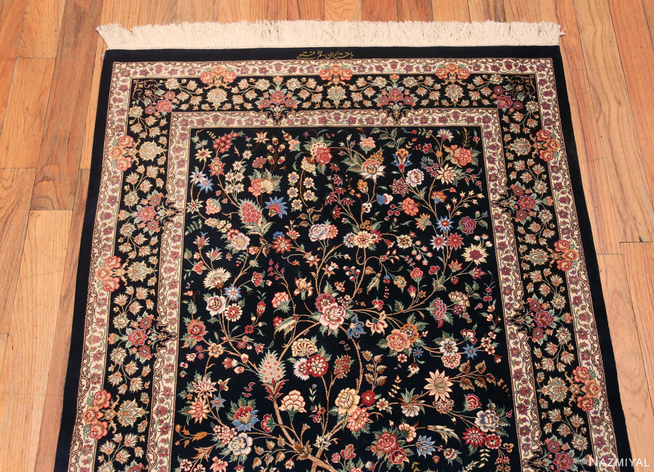 Top of Small Size Floral Design Luxurious Vintage Persian Silk Qum Rug 72764 by Nazmiyal Antique Rugs