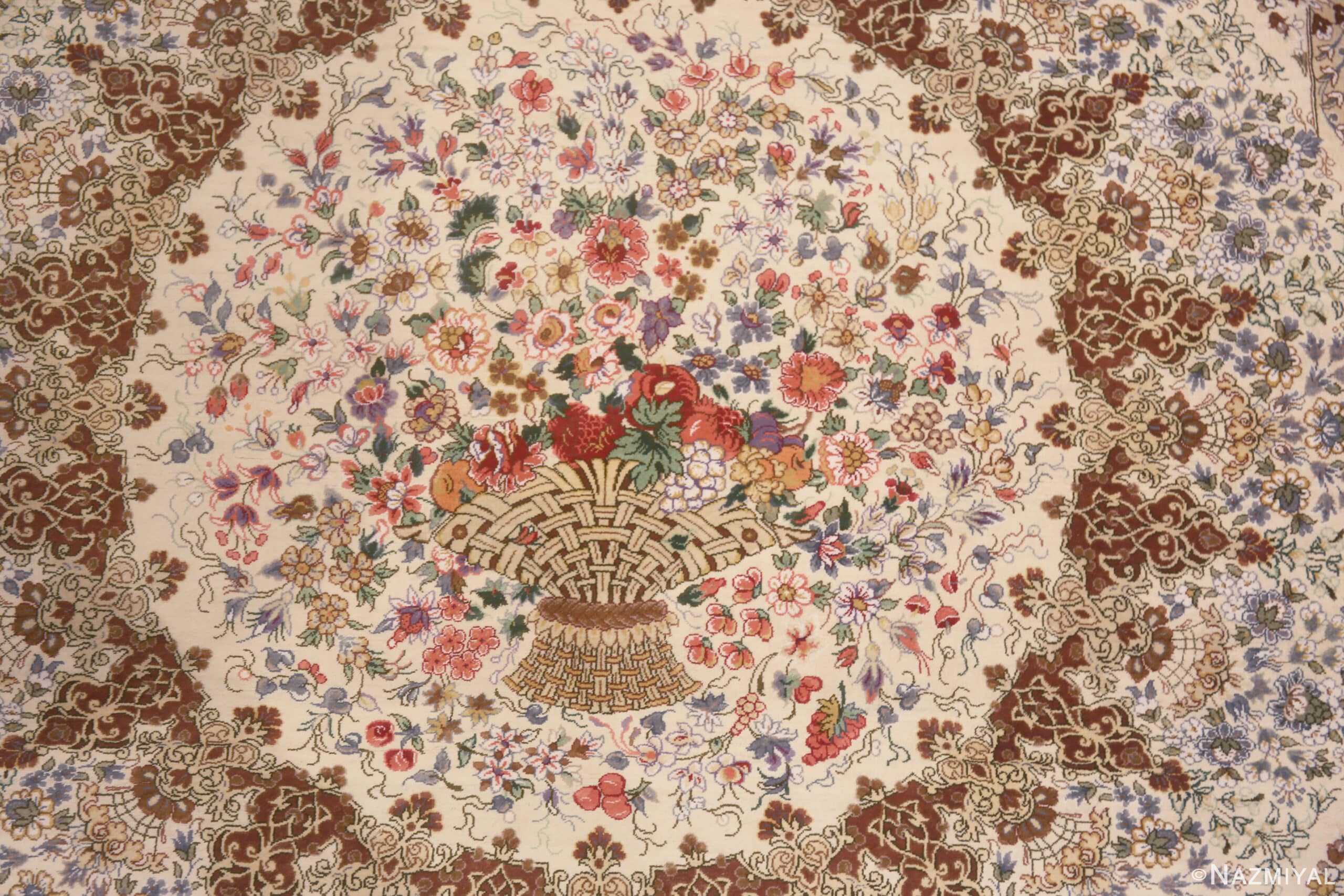 Vase of Luxurious Small Size Fine Weave Artistic Floral Design Vintage Persian Silk Qum Rug 72766 by Nazmiyal Antique Rugs