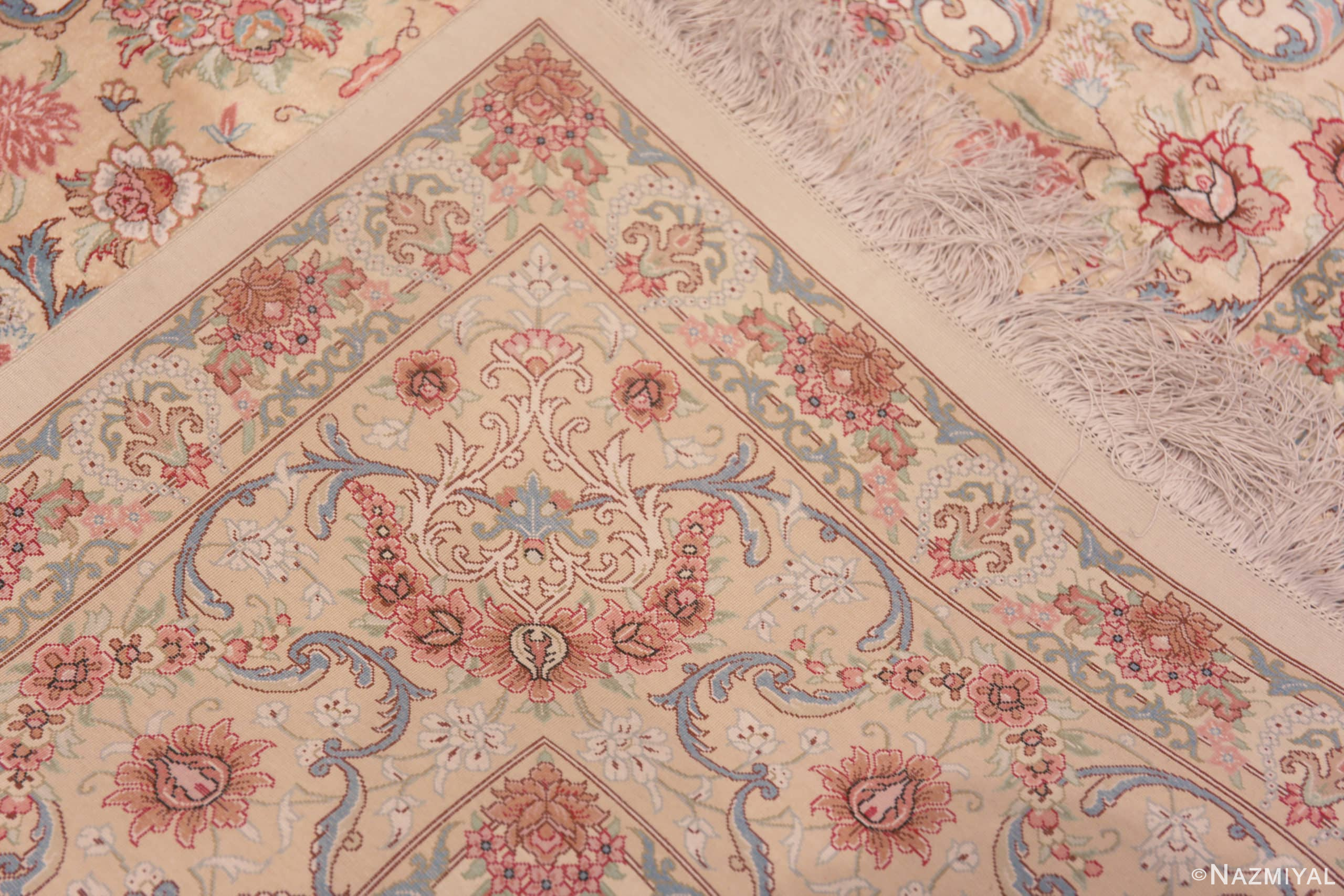 Weave of Fine Luxurious Floral Room Size Vintage Persian Silk Qum Rug 72745 by Nazmiyal Antique Rugs