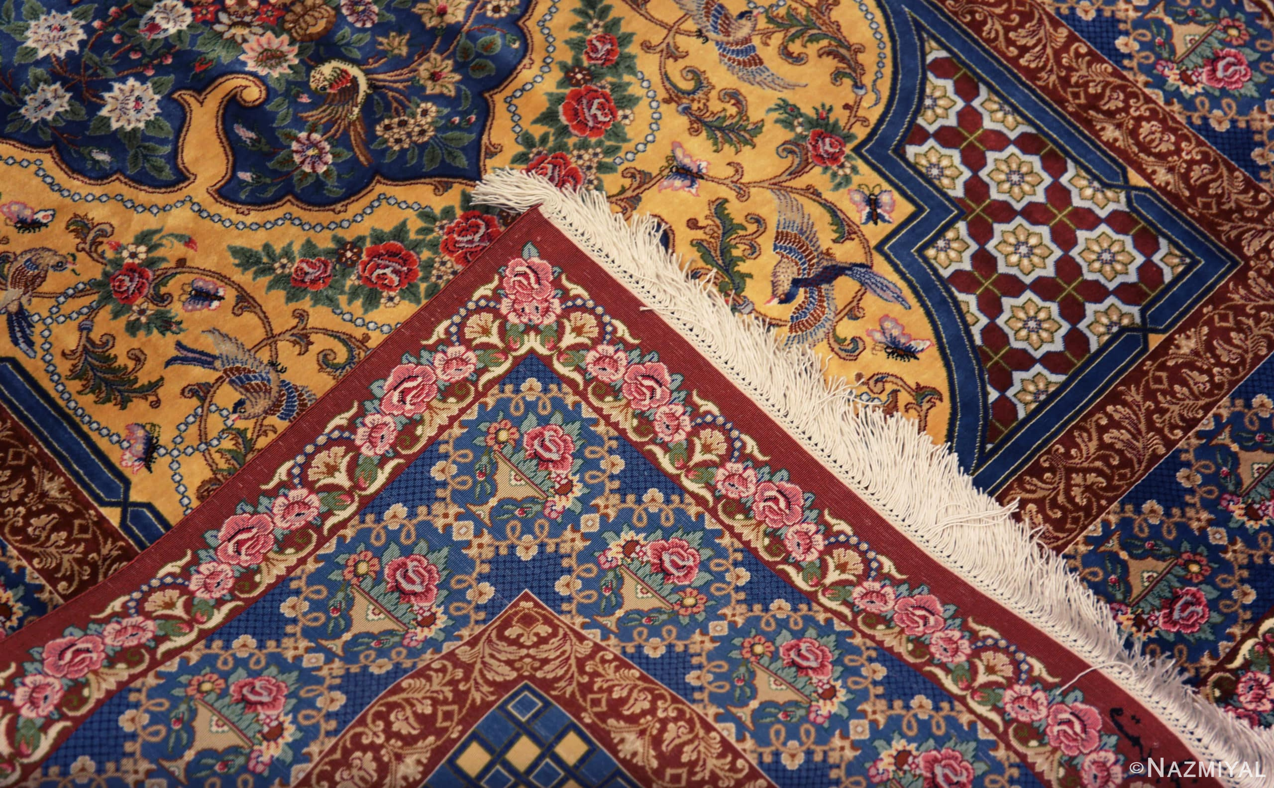 Weave of Fine Small Luxurious Silk Pile Gold Color Vintage Persian Qum Rug 72772 by Nazmiyal Antique Rugs