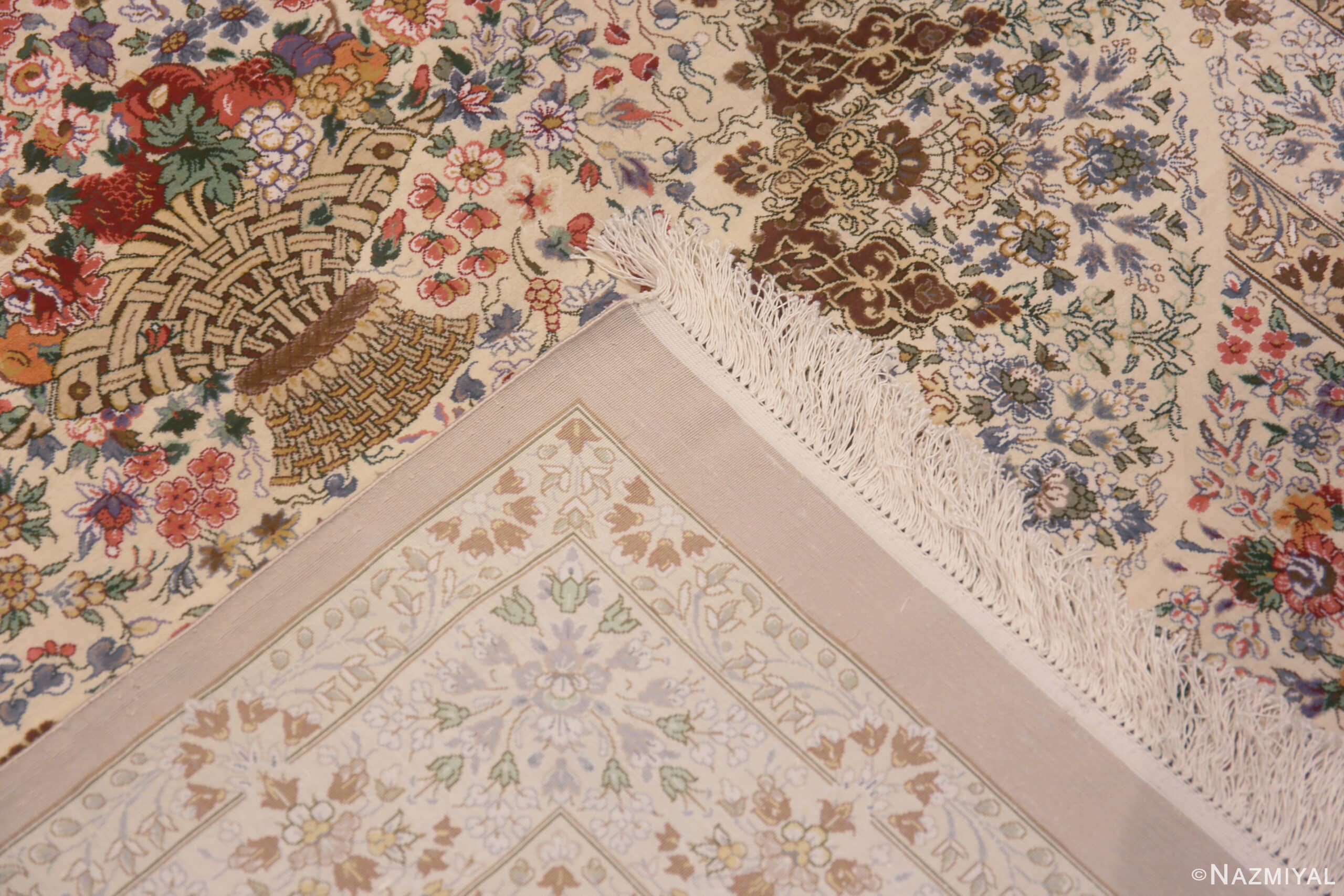 Weave of Luxurious Small Size Fine Weave Artistic Floral Design Vintage Persian Silk Qum Rug 72766 by Nazmiyal Antique Rugs