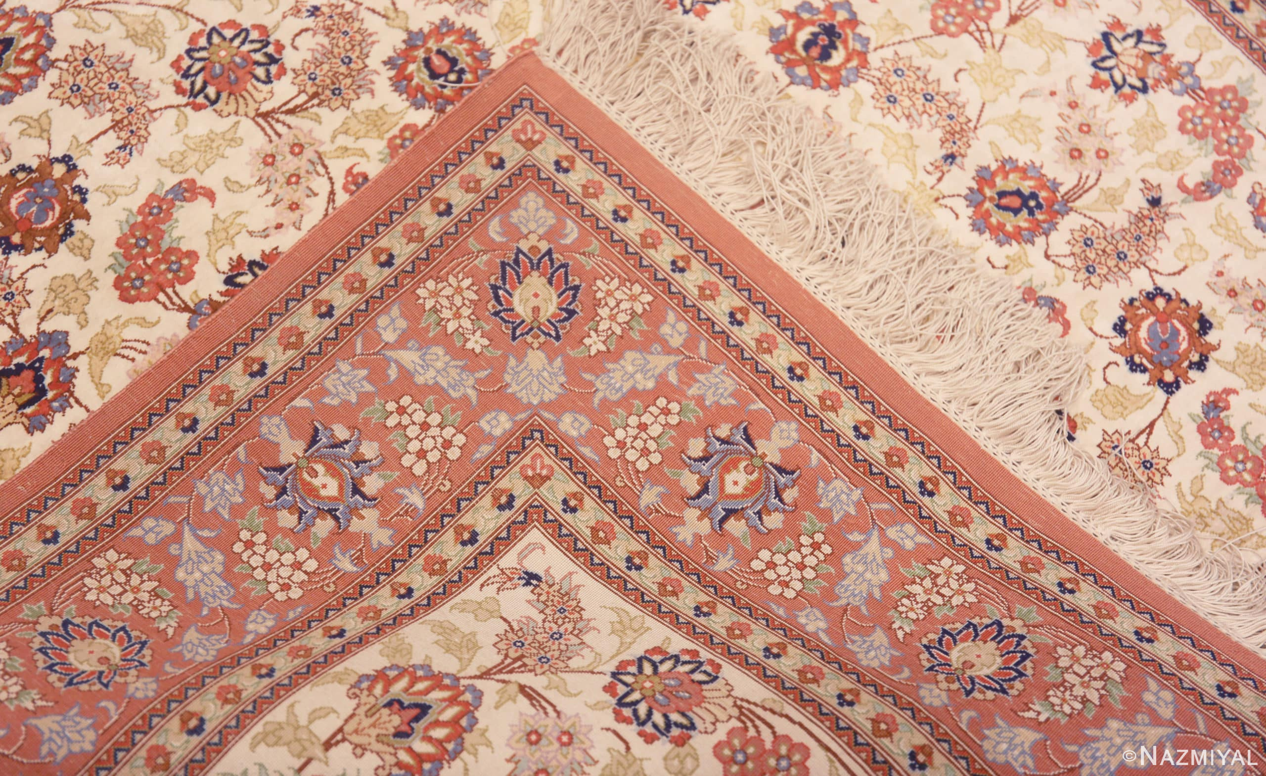 Weave of Small Fine Ivory Color Floral Design Vintage Persian Silk Qum Luxury Rug 70809 by Nazmiyal Antique Rugs