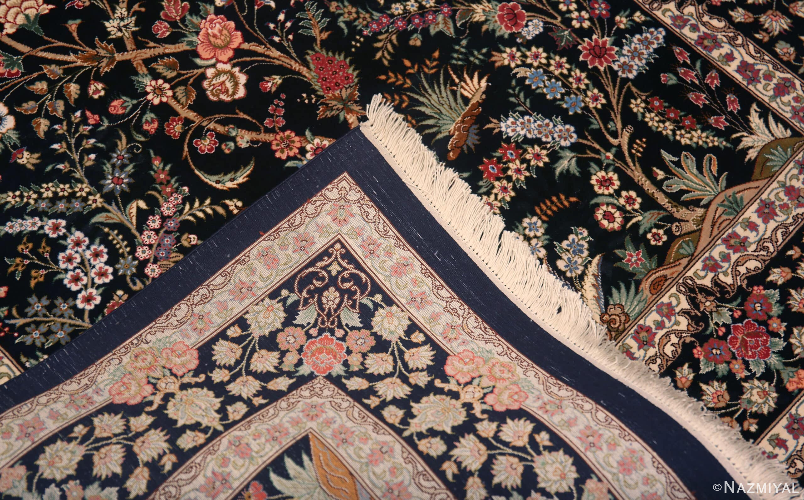 Weave of Small Size Floral Design Luxurious Vintage Persian Silk Qum Rug 72764 by Nazmiyal Antique Rugs